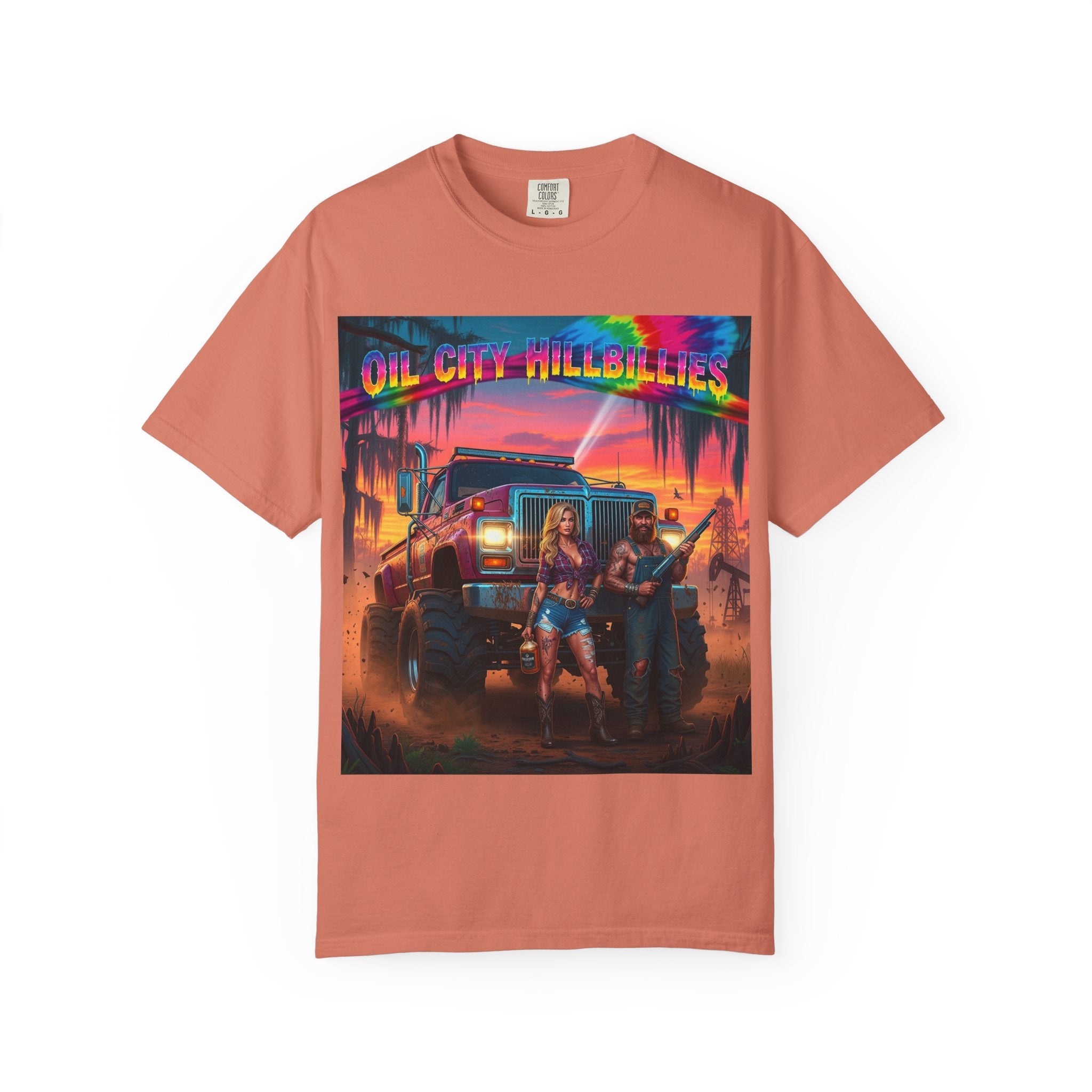 Vibrant Sunset T-Shirt for Oil City Hillbillies – Retro Graphic Tee, Summer Vibe Shirt, Unisex Casual Wear, Southern Festival Outfit