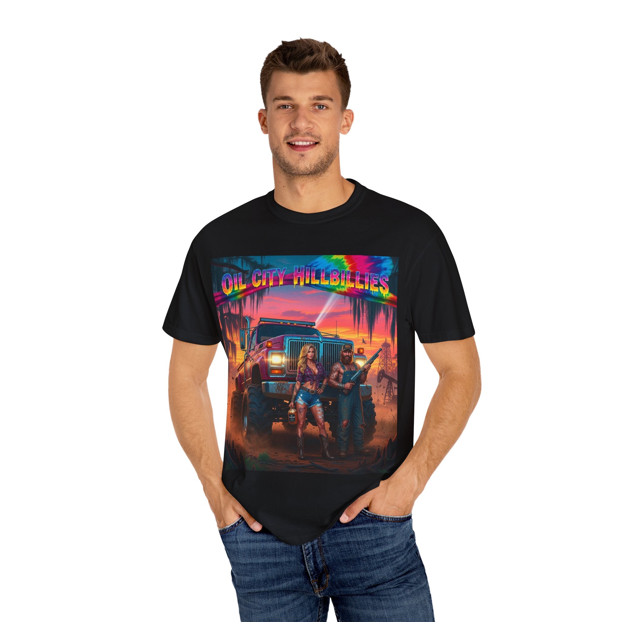Vibrant Sunset T-Shirt for Oil City Hillbillies – Retro Graphic Tee, Summer Vibe Shirt, Unisex Casual Wear, Southern Festival Outfit