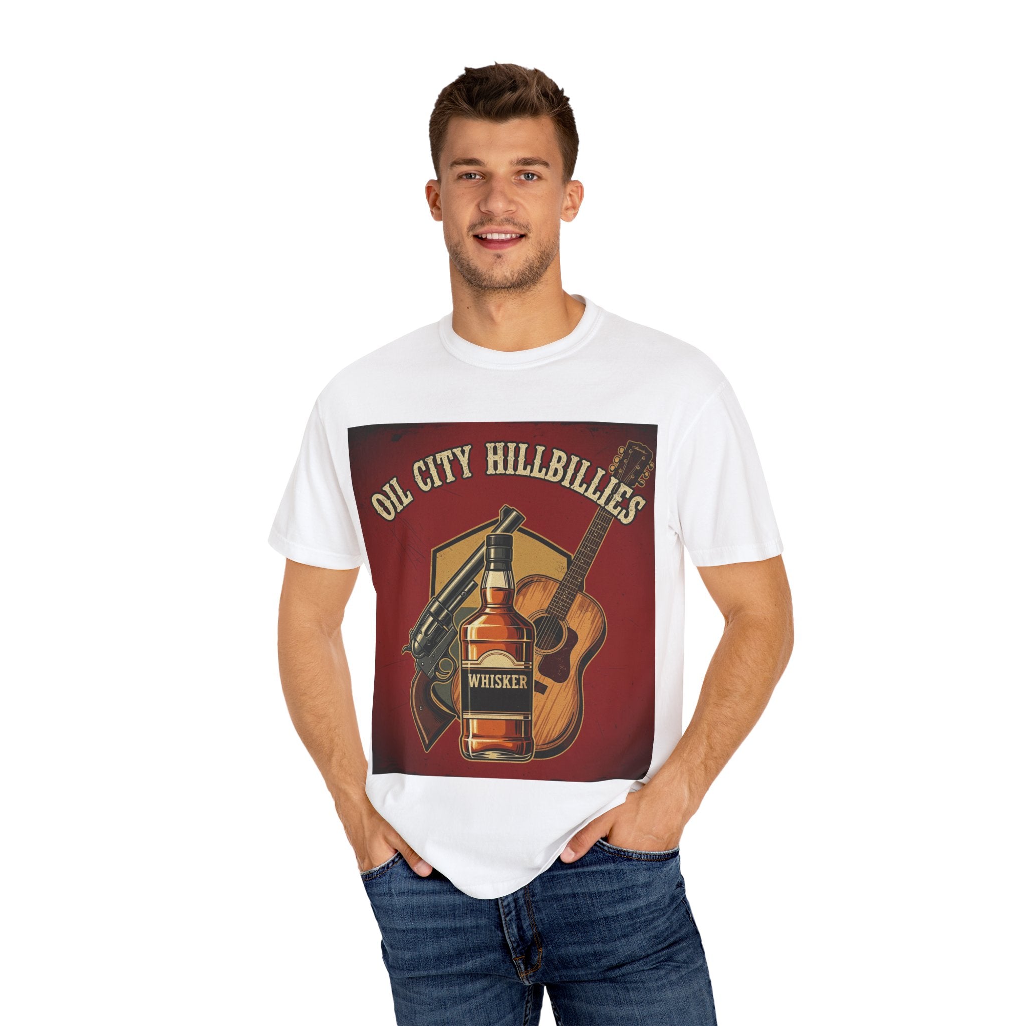 Oil City Hillbillies Whiskey-Themed T-Shirt – Rustic Style Shirt, Gift for Outlaw Country Fans, Casual Wear, Unisex Graphic Band Tee