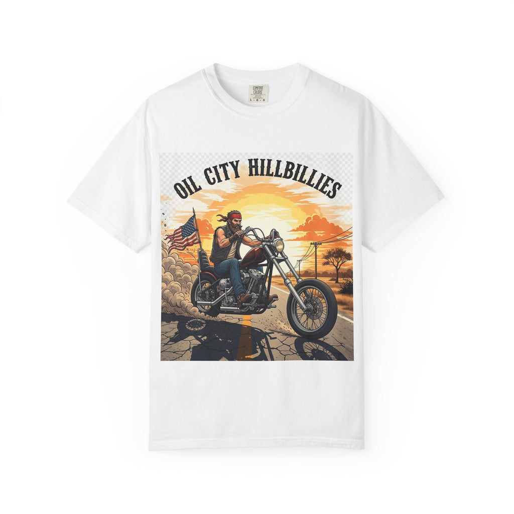 Oil City Hillbillies Motorcycle T-Shirt, Unisex Garment-Dyed Tee for Bikers, Vintage Style Gift, Casual Wear, Adventure Shirt
