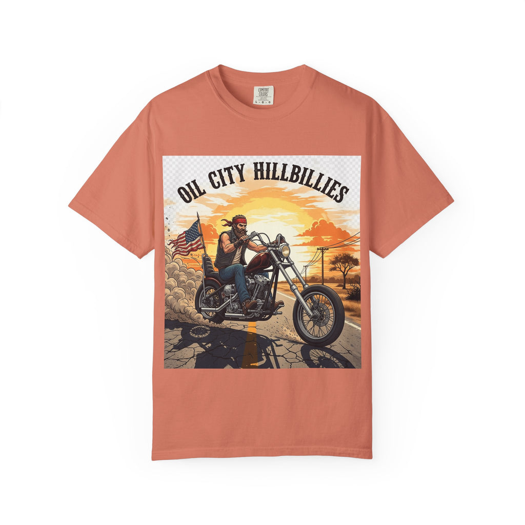 Oil City Hillbillies Motorcycle T-Shirt, Unisex Garment-Dyed Tee for Bikers, Vintage Style Gift, Casual Wear, Adventure Shirt