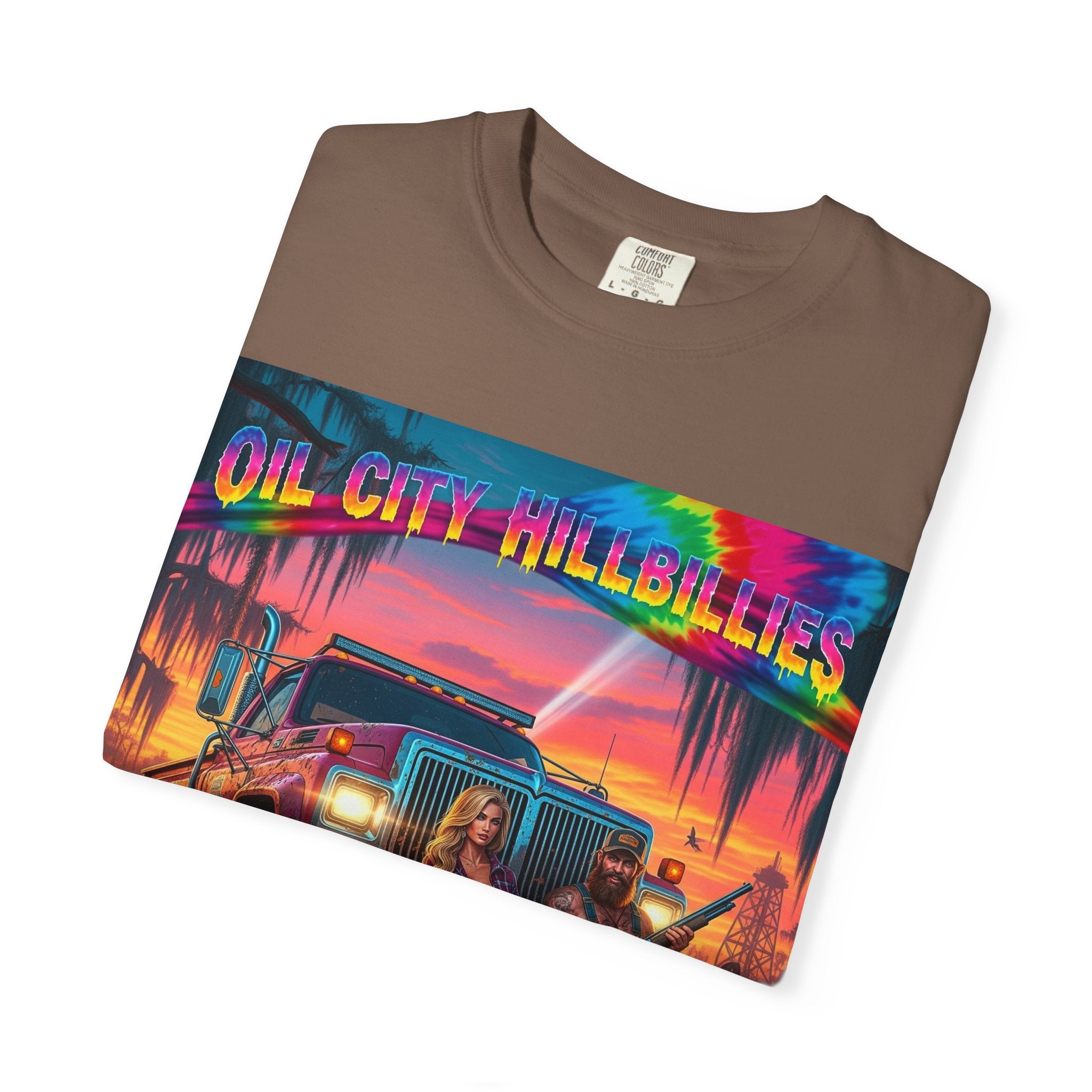 Vibrant Sunset T-Shirt for Oil City Hillbillies – Retro Graphic Tee, Summer Vibe Shirt, Unisex Casual Wear, Southern Festival Outfit