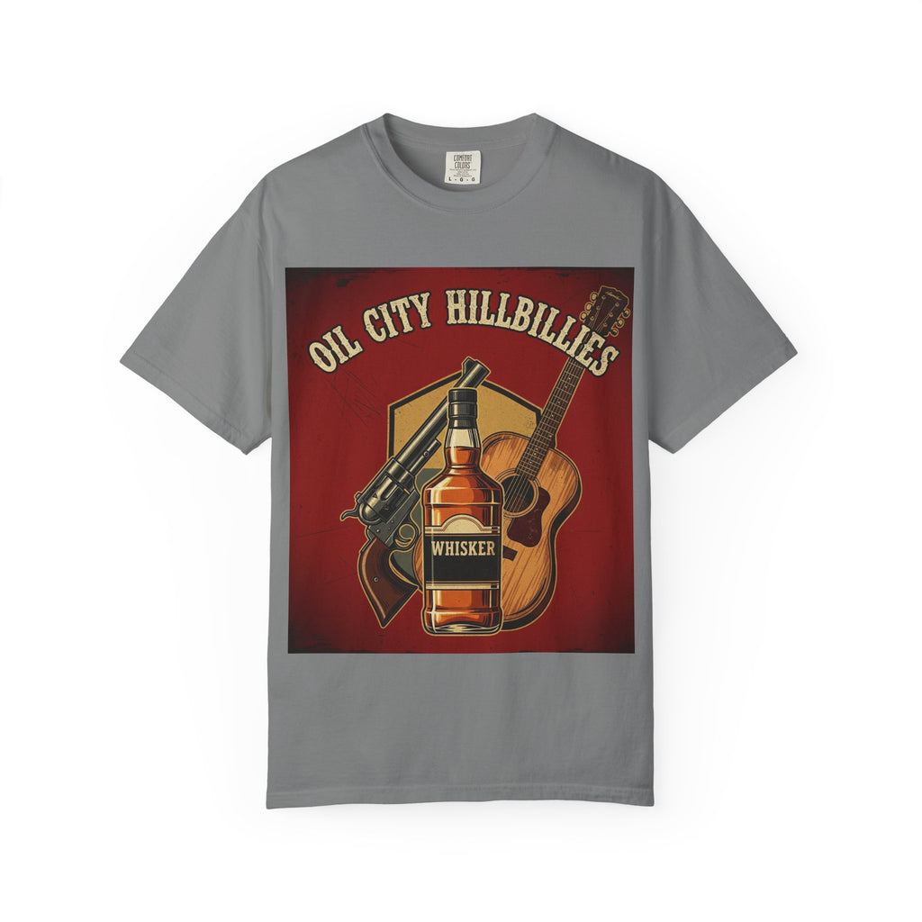 Oil City Hillbillies Whiskey-Themed T-Shirt – Rustic Style Shirt, Gift for Outlaw Country Fans, Casual Wear, Unisex Graphic Band Tee