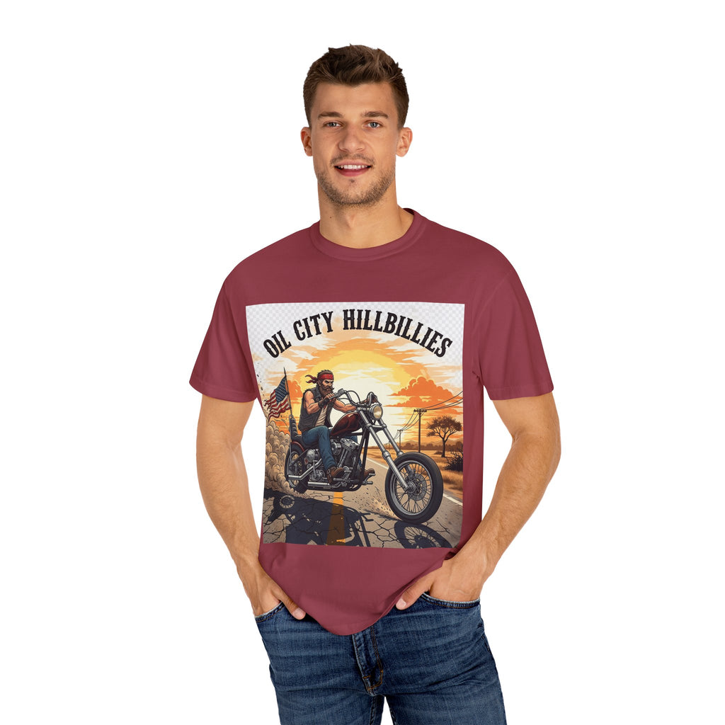 Oil City Hillbillies Motorcycle T-Shirt, Unisex Garment-Dyed Tee for Bikers, Vintage Style Gift, Casual Wear, Adventure Shirt