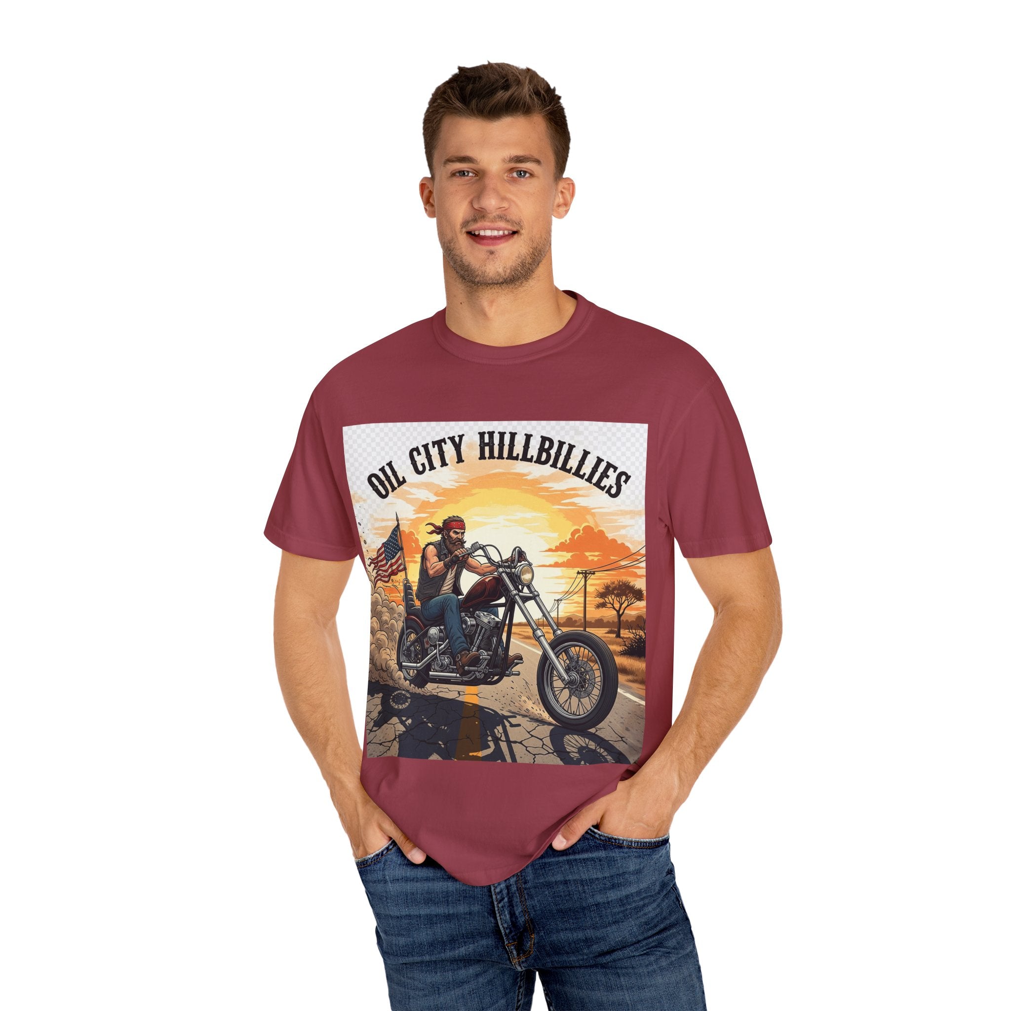 Oil City Hillbillies Motorcycle T-Shirt, Unisex Garment-Dyed Tee for Bikers, Vintage Style Gift, Casual Wear, Adventure Shirt