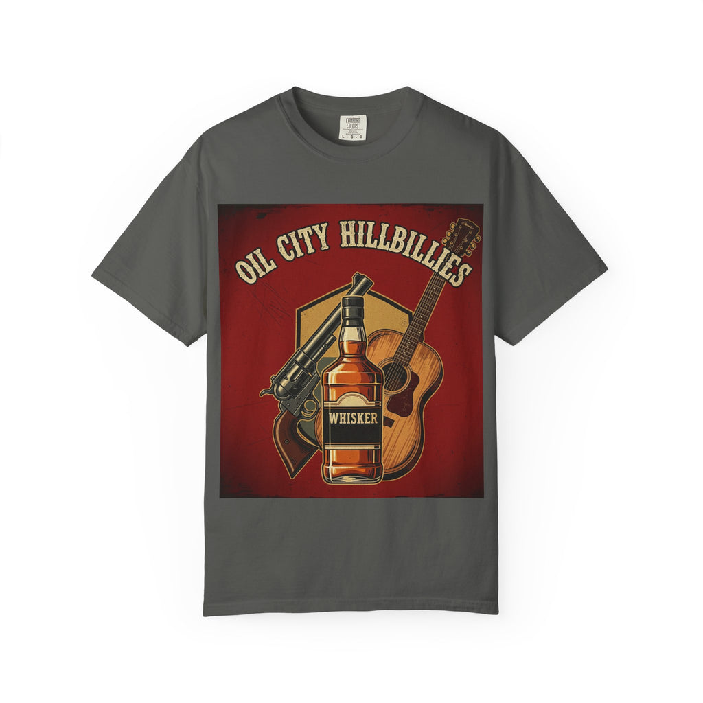 Oil City Hillbillies Whiskey-Themed T-Shirt – Rustic Style Shirt, Gift for Outlaw Country Fans, Casual Wear, Unisex Graphic Band Tee