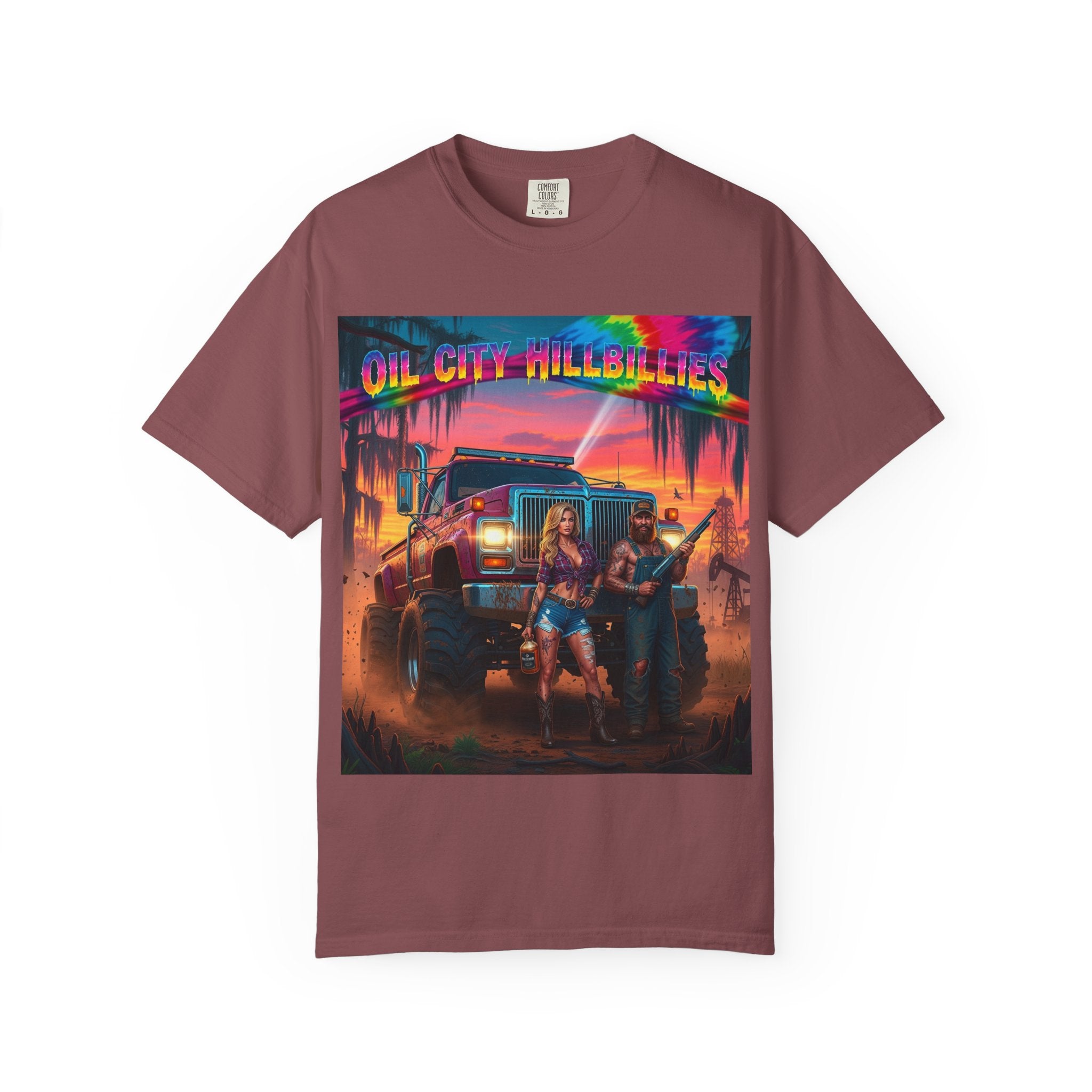 Vibrant Sunset T-Shirt for Oil City Hillbillies – Retro Graphic Tee, Summer Vibe Shirt, Unisex Casual Wear, Southern Festival Outfit