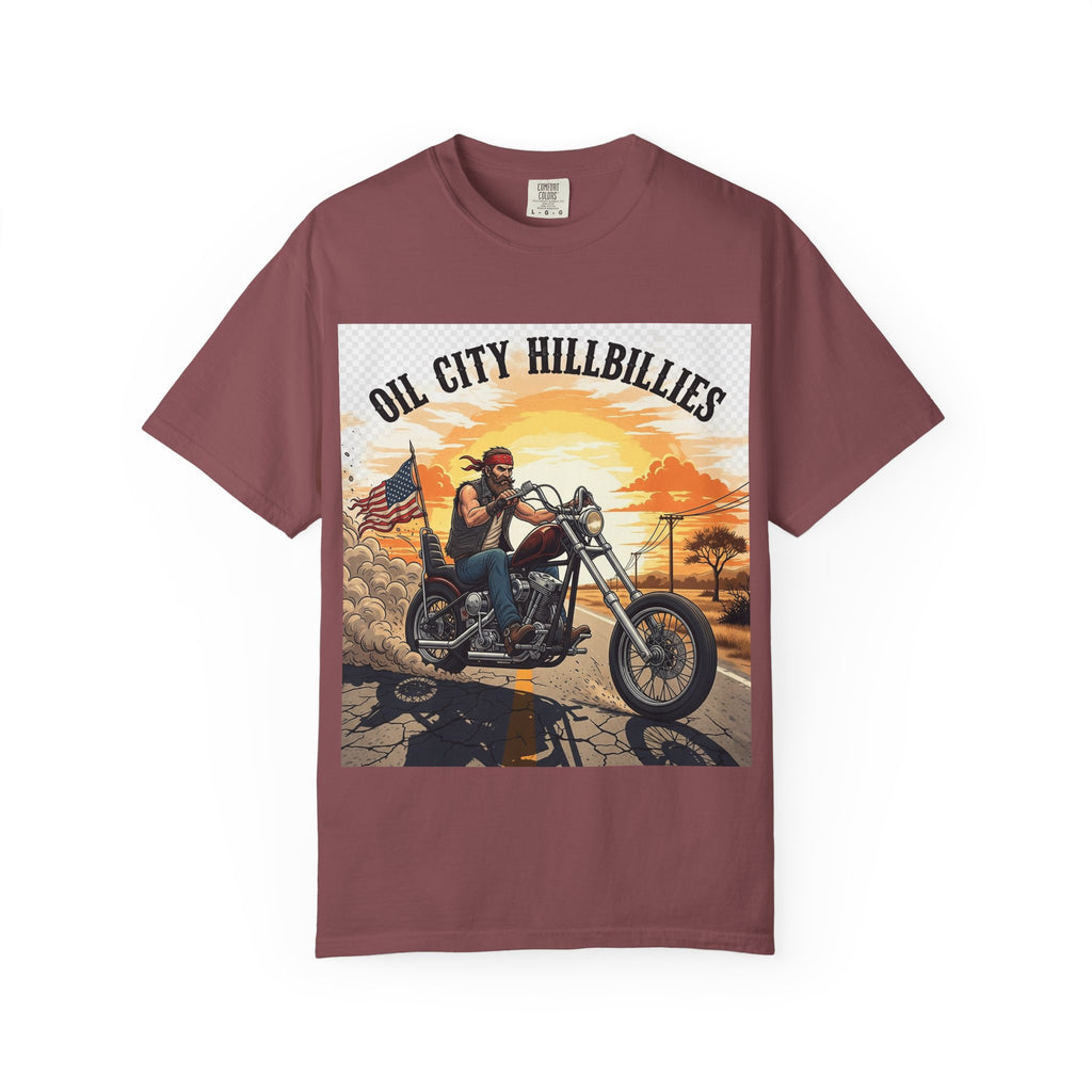 Oil City Hillbillies Motorcycle T-Shirt, Unisex Garment-Dyed Tee for Bikers, Vintage Style Gift, Casual Wear, Adventure Shirt