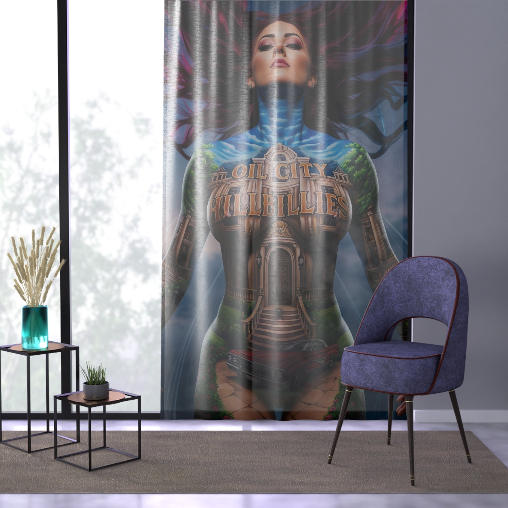 Oil City Hillbillies Sheer Window Curtain, Bohemian Decor, Unique Home Accessories, Vibrant Wall Art, Gift for Art Lovers