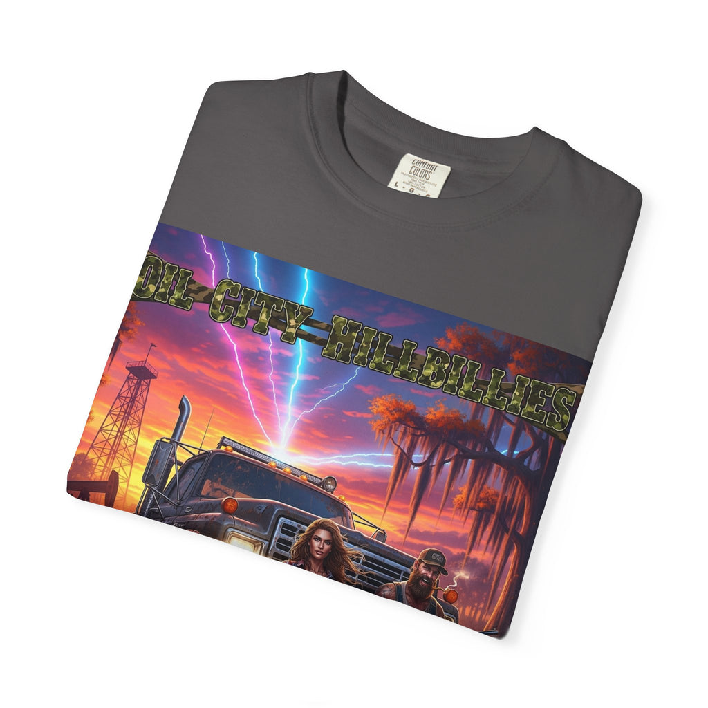 Oil City Hillbillies Adventurous Graphic T-Shirt – Fun Gift for Outdoor Lovers, Summer Vibes, Unisex Casual Wear, Adventure Shirt, Retro Band Tee