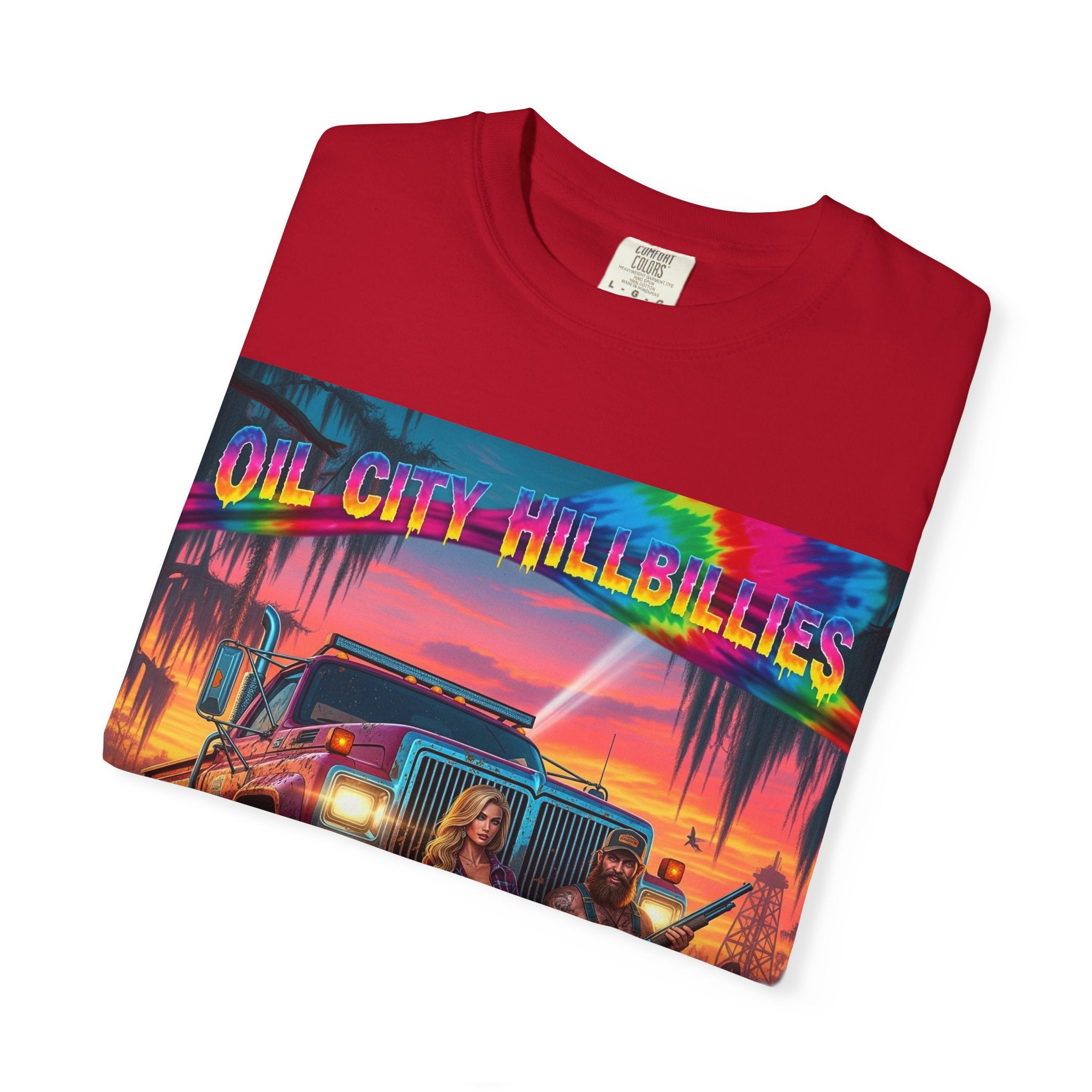 Vibrant Sunset T-Shirt for Oil City Hillbillies – Retro Graphic Tee, Summer Vibe Shirt, Unisex Casual Wear, Southern Festival Outfit