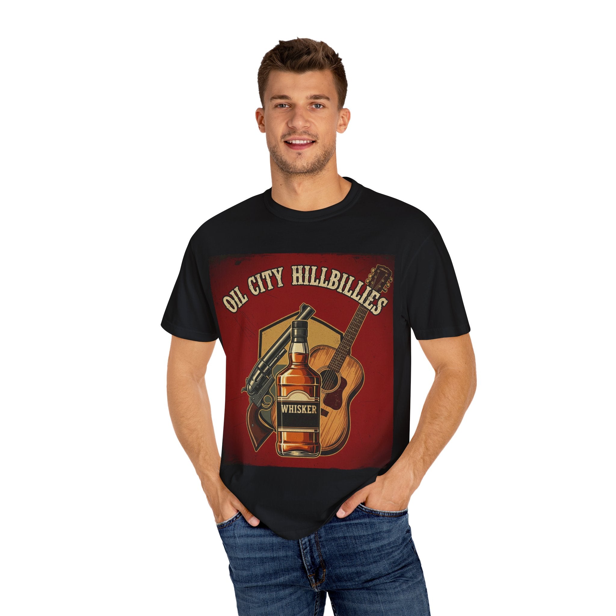 Oil City Hillbillies Whiskey-Themed T-Shirt – Rustic Style Shirt, Gift for Outlaw Country Fans, Casual Wear, Unisex Graphic Band Tee