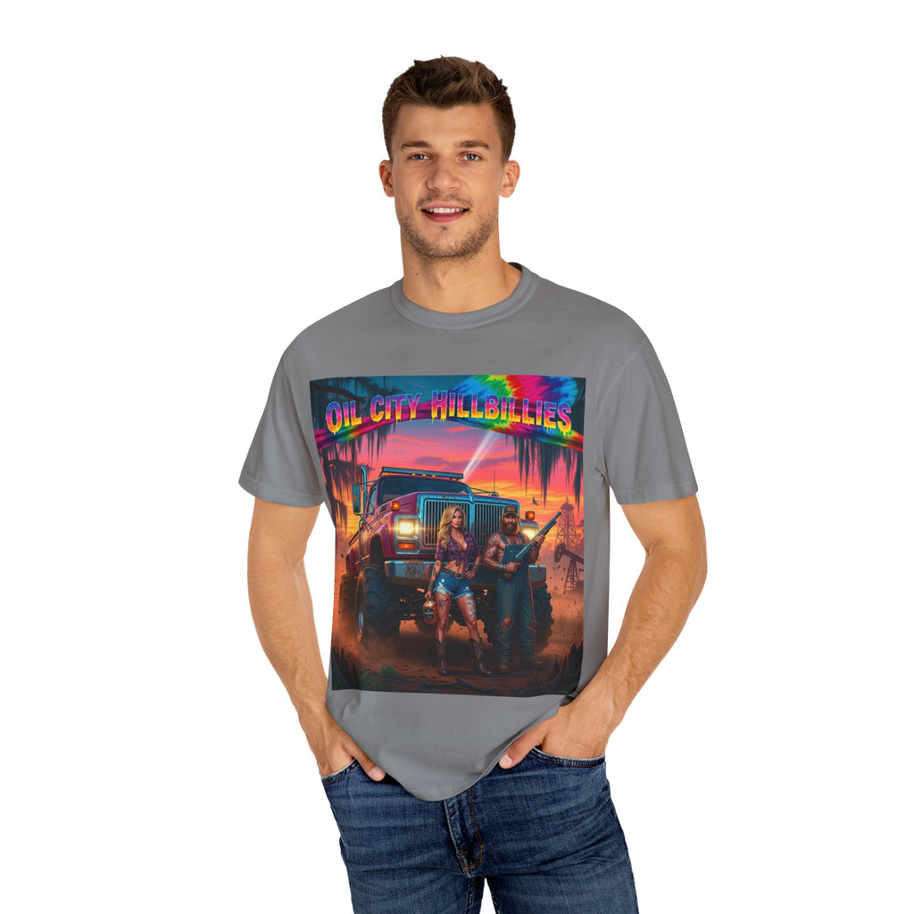 Vibrant Sunset T-Shirt for Oil City Hillbillies – Retro Graphic Tee, Summer Vibe Shirt, Unisex Casual Wear, Southern Festival Outfit