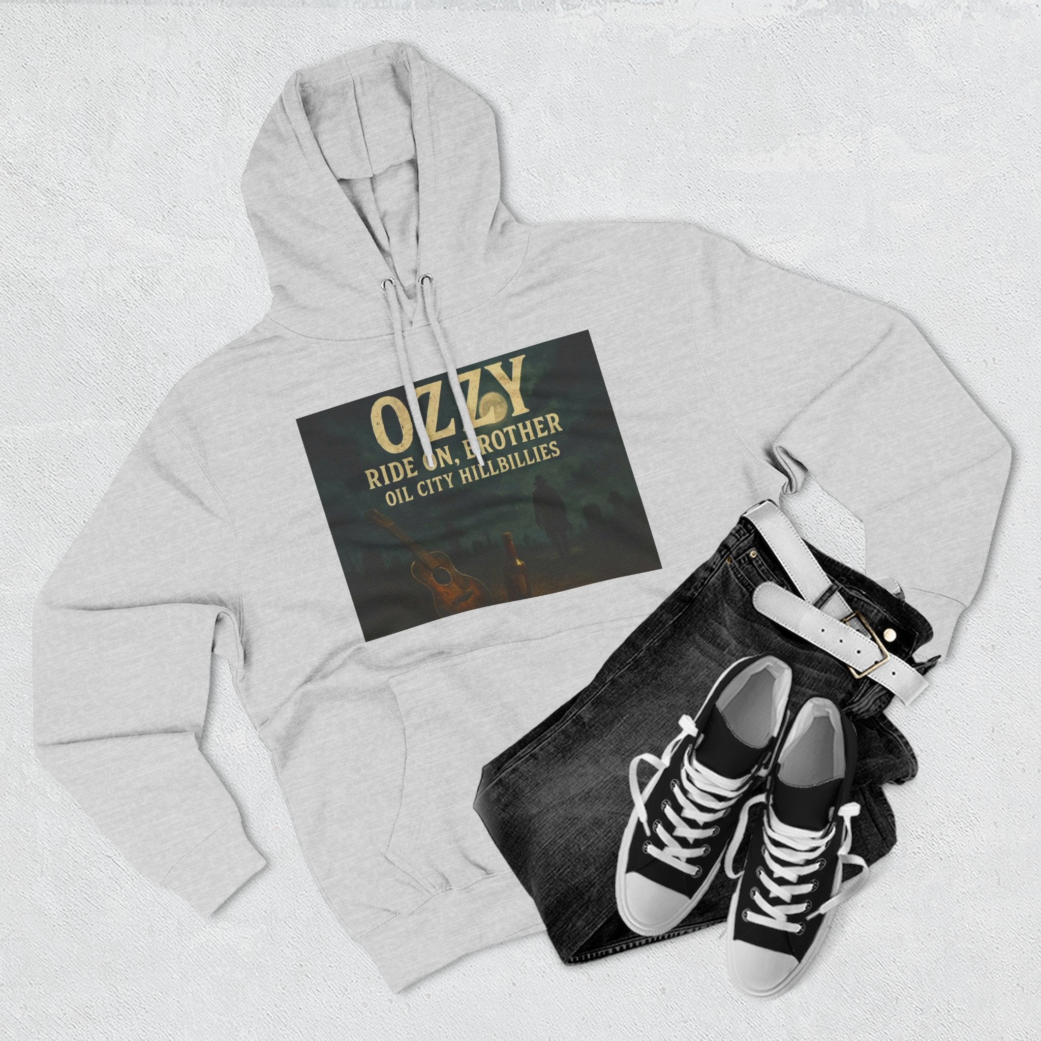 Ozzy-Inspired Oil City Hillbillies Three-Panel Fleece Hoodie, Cozy Layer for Music Lovers, Perfect Gift for Concert Goers, Ideal for Casual Outings, Great for Rock & Country Fans