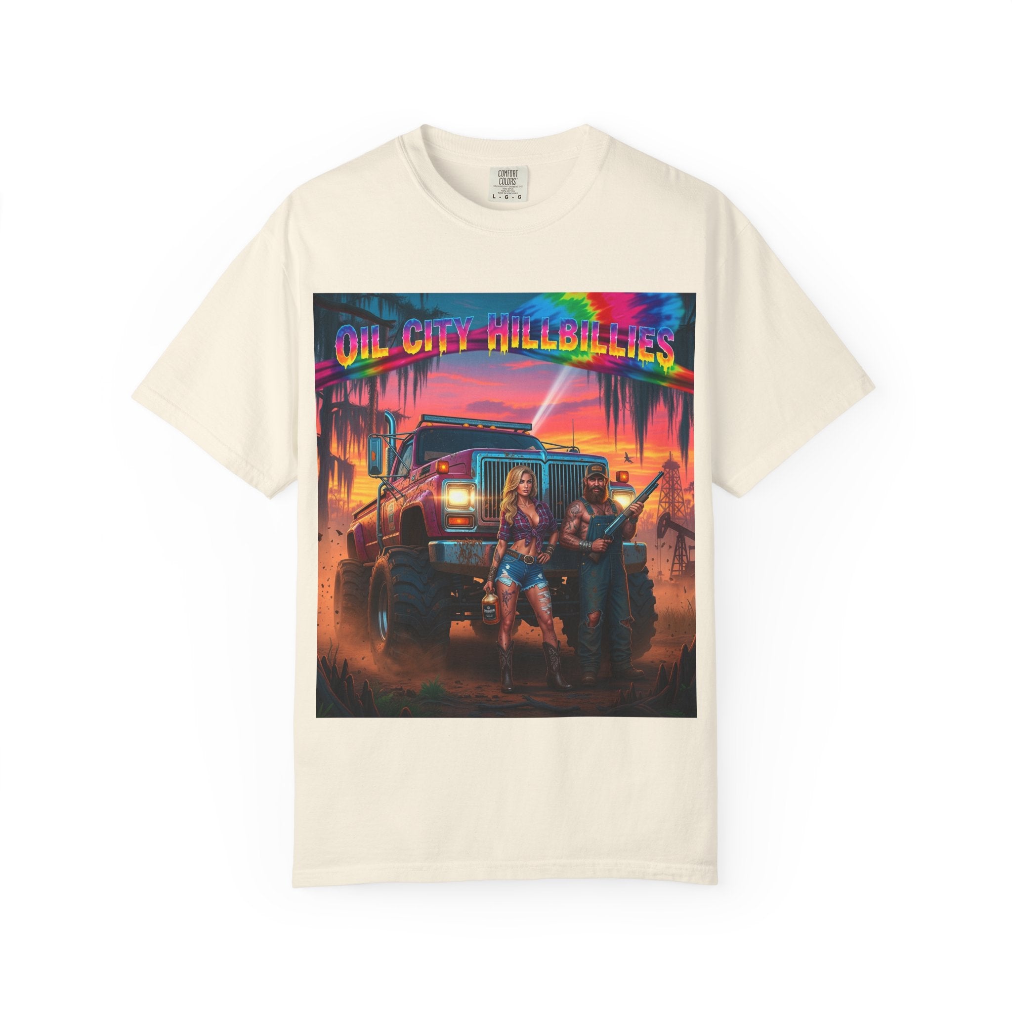 Vibrant Sunset T-Shirt for Oil City Hillbillies – Retro Graphic Tee, Summer Vibe Shirt, Unisex Casual Wear, Southern Festival Outfit