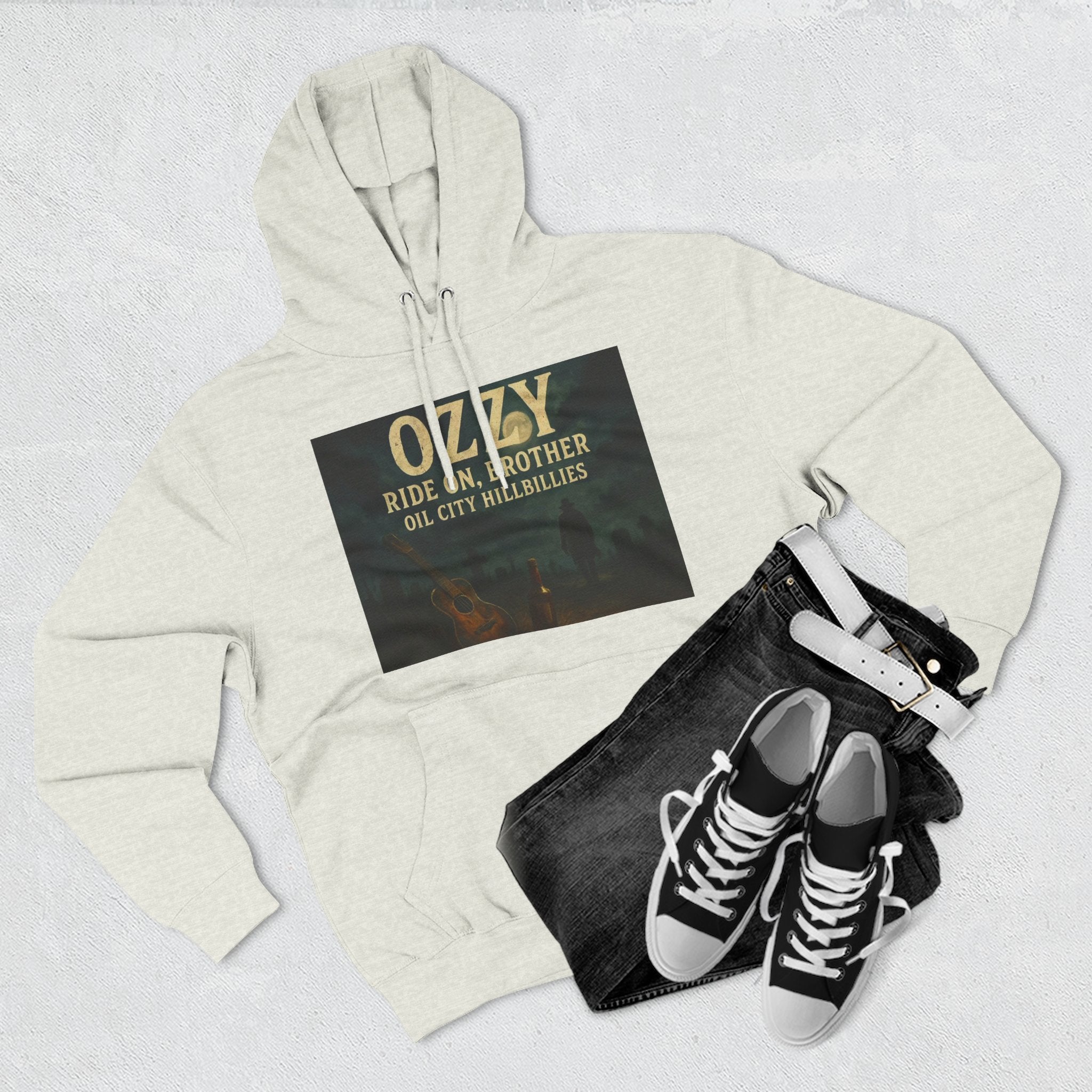 Ozzy-Inspired Oil City Hillbillies Three-Panel Fleece Hoodie, Cozy Layer for Music Lovers, Perfect Gift for Concert Goers, Ideal for Casual Outings, Great for Rock & Country Fans