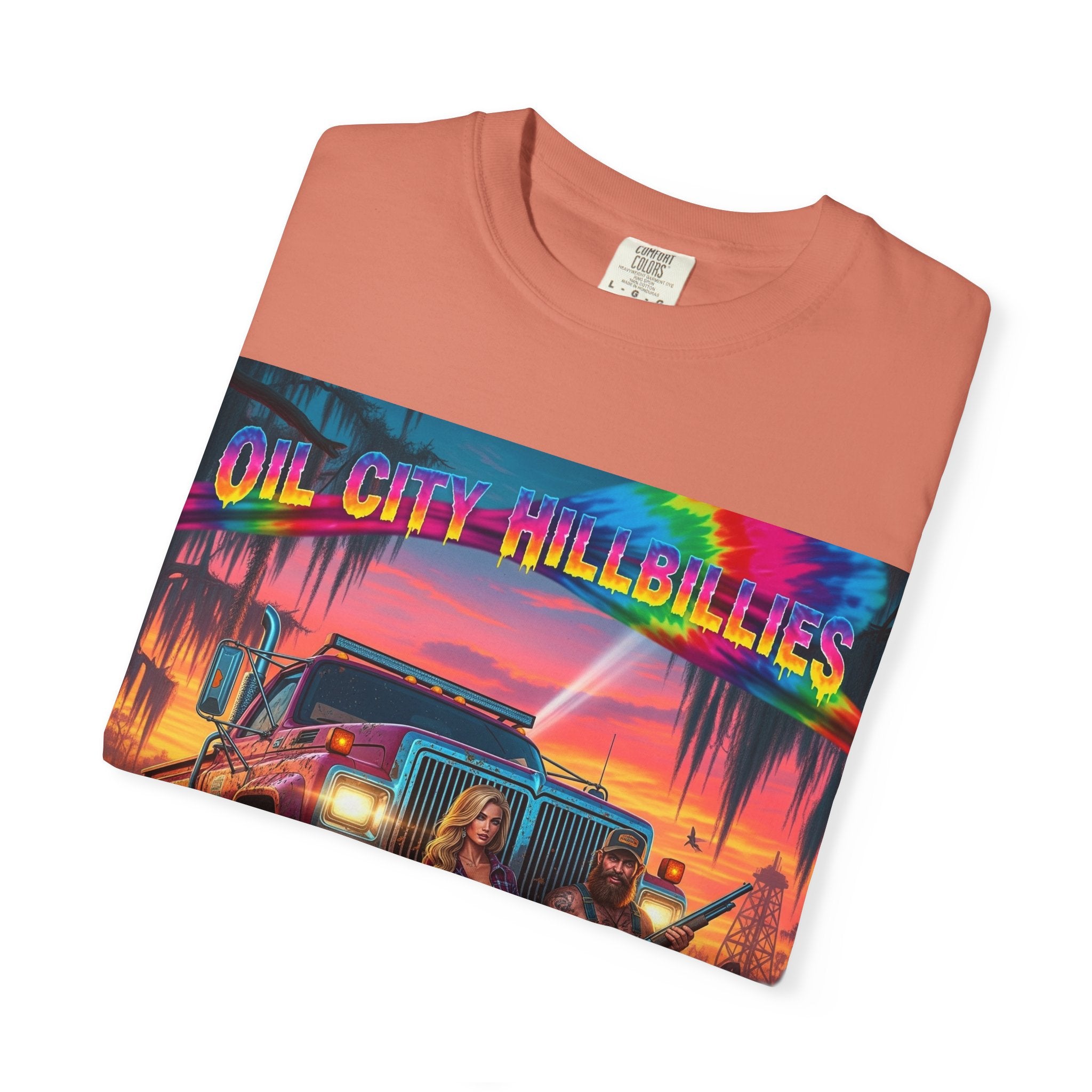 Vibrant Sunset T-Shirt for Oil City Hillbillies – Retro Graphic Tee, Summer Vibe Shirt, Unisex Casual Wear, Southern Festival Outfit