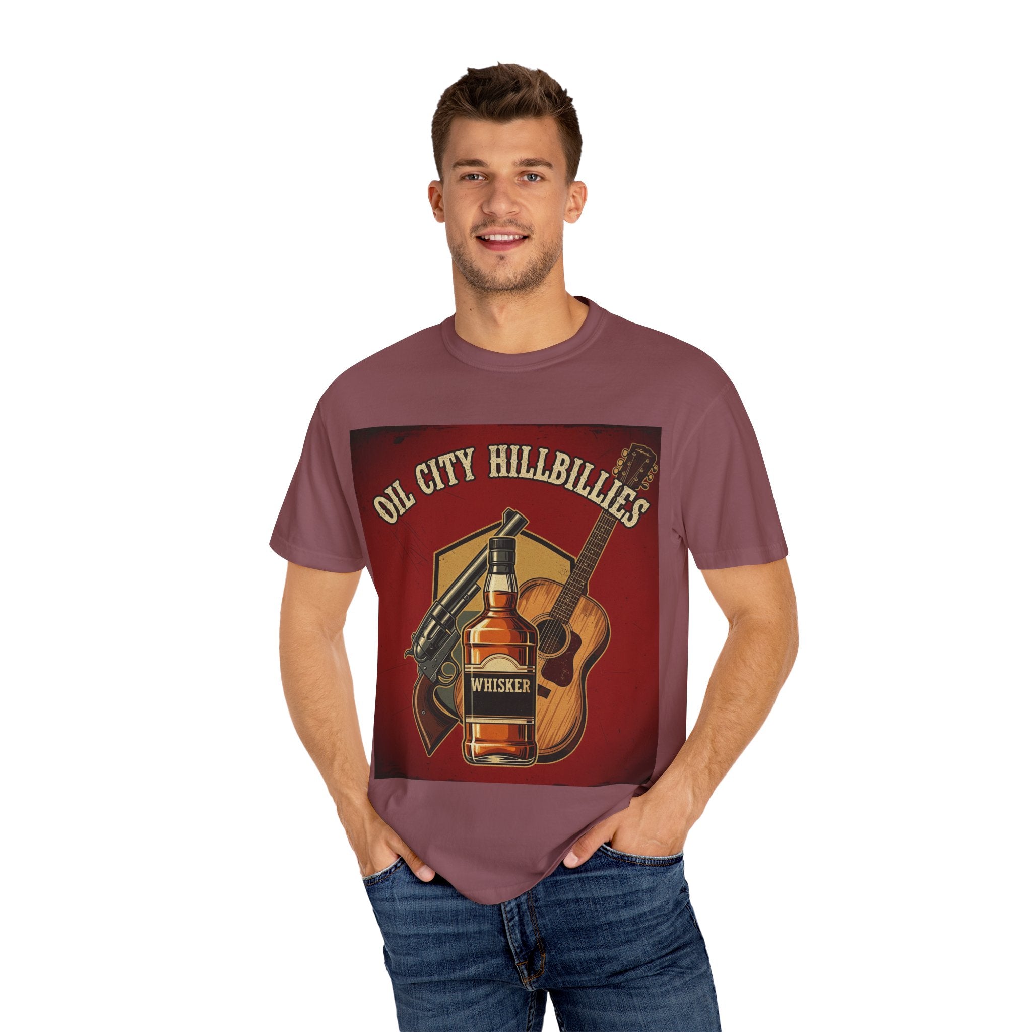 Oil City Hillbillies Whiskey-Themed T-Shirt – Rustic Style Shirt, Gift for Outlaw Country Fans, Casual Wear, Unisex Graphic Band Tee
