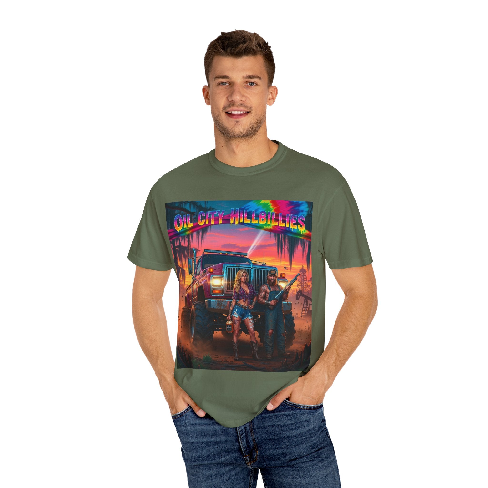 Vibrant Sunset T-Shirt for Oil City Hillbillies – Retro Graphic Tee, Summer Vibe Shirt, Unisex Casual Wear, Southern Festival Outfit