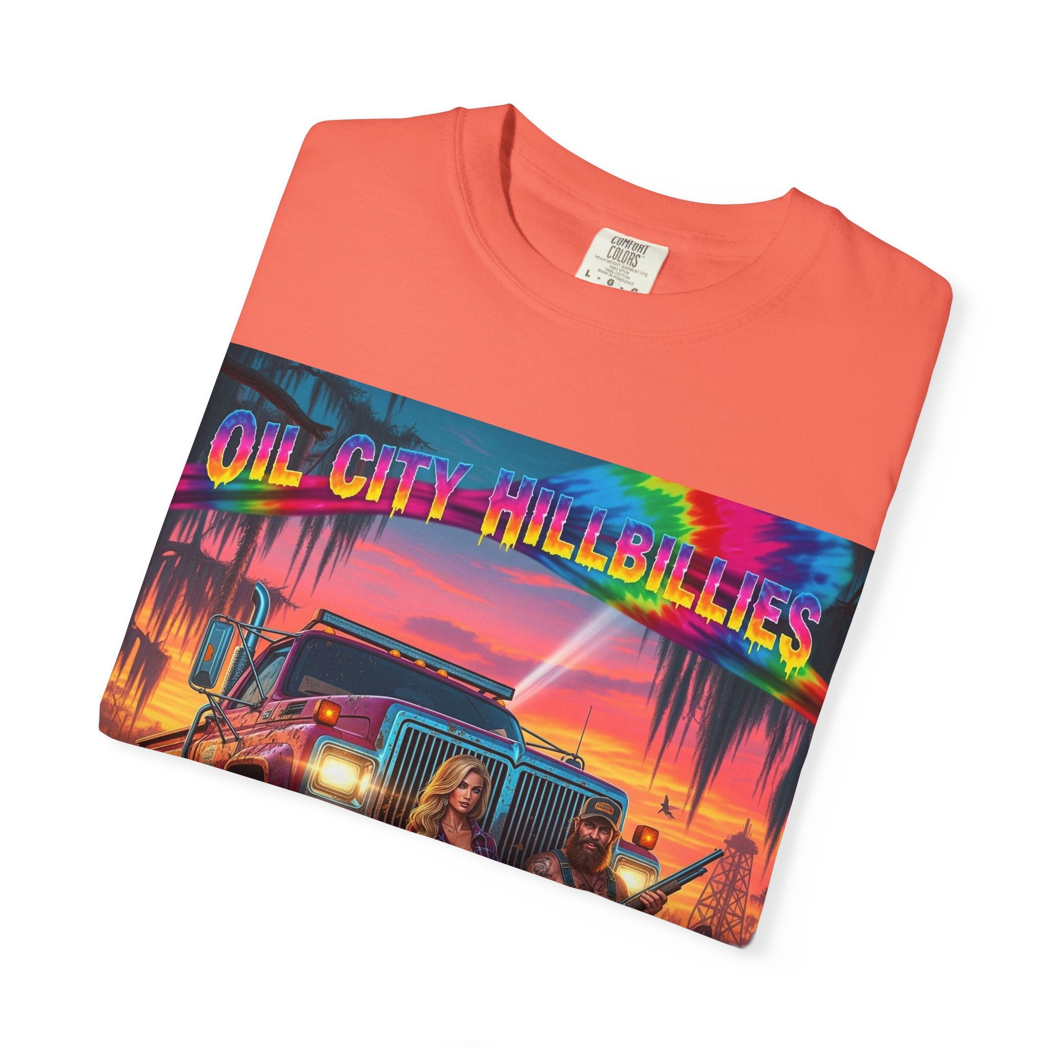 Vibrant Sunset T-Shirt for Oil City Hillbillies – Retro Graphic Tee, Summer Vibe Shirt, Unisex Casual Wear, Southern Festival Outfit
