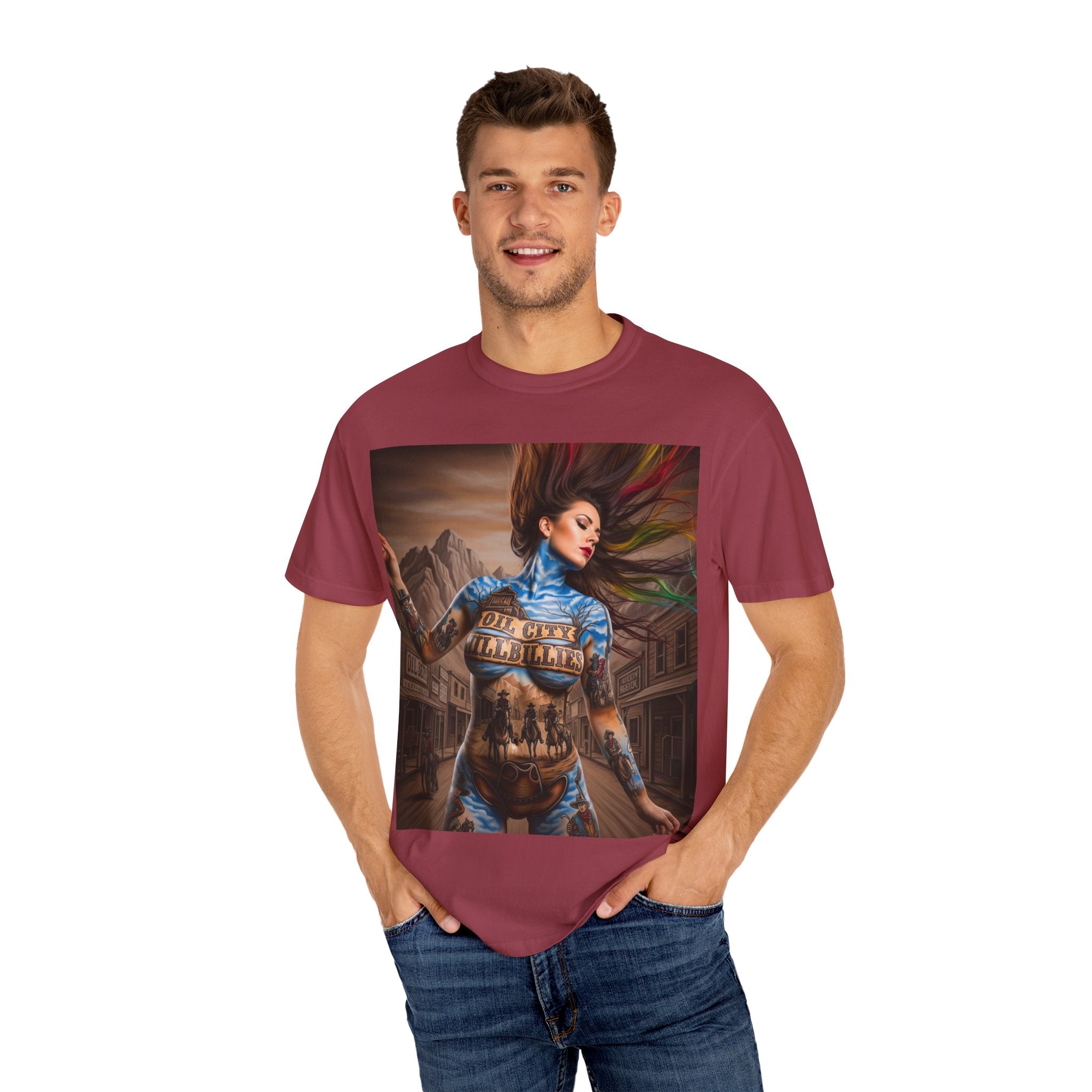 Garment-Dyed Oil City Hillbillies Tee Inspired by Southern Roots and Backwoods Culture, Bohemian T-shirt for Music Festivals, Artistic Outlaw Fashion Statement, Perfect Gift for Fans