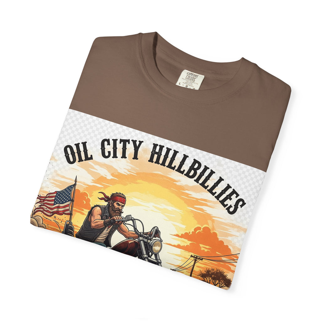 Oil City Hillbillies Motorcycle T-Shirt, Unisex Garment-Dyed Tee for Bikers, Vintage Style Gift, Casual Wear, Adventure Shirt