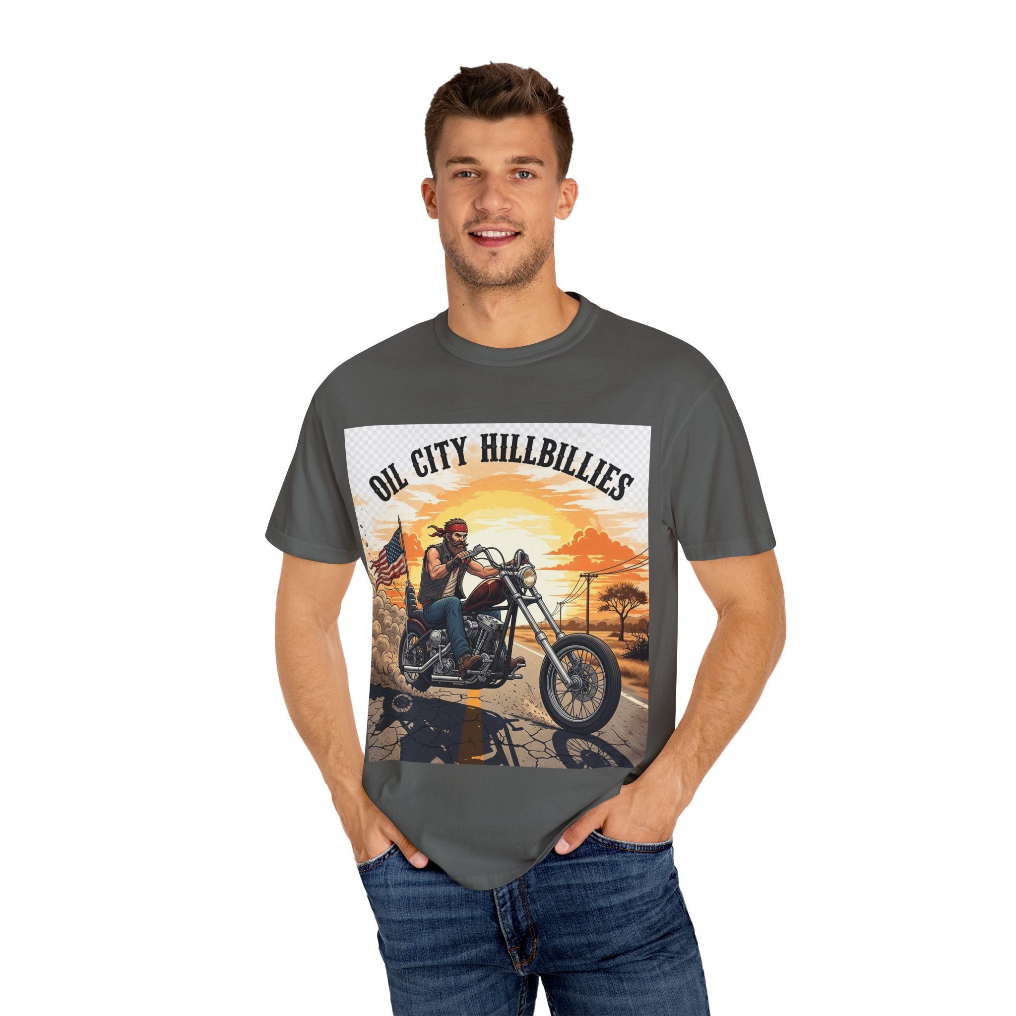 Oil City Hillbillies Motorcycle T-Shirt, Unisex Garment-Dyed Tee for Bikers, Vintage Style Gift, Casual Wear, Adventure Shirt