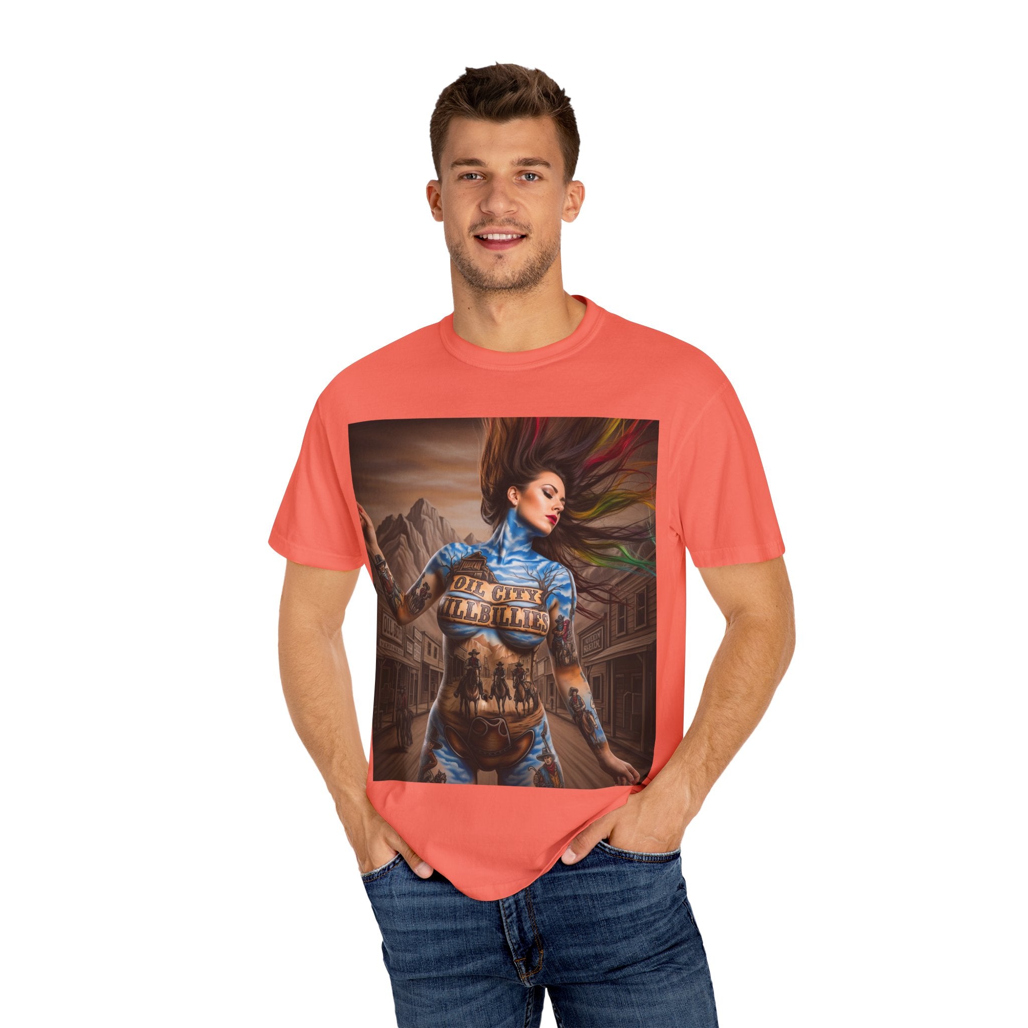 Garment-Dyed Oil City Hillbillies Tee Inspired by Southern Roots and Backwoods Culture, Bohemian T-shirt for Music Festivals, Artistic Outlaw Fashion Statement, Perfect Gift for Fans