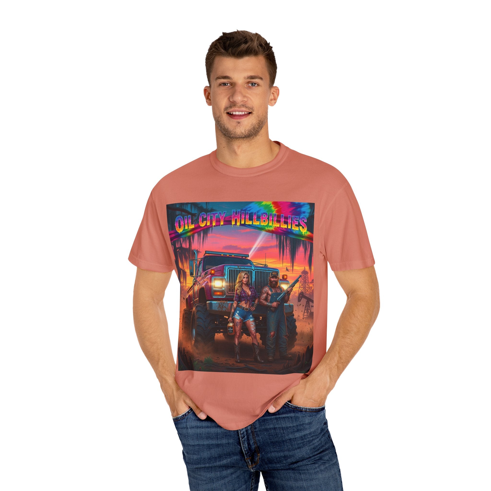 Vibrant Sunset T-Shirt for Oil City Hillbillies – Retro Graphic Tee, Summer Vibe Shirt, Unisex Casual Wear, Southern Festival Outfit