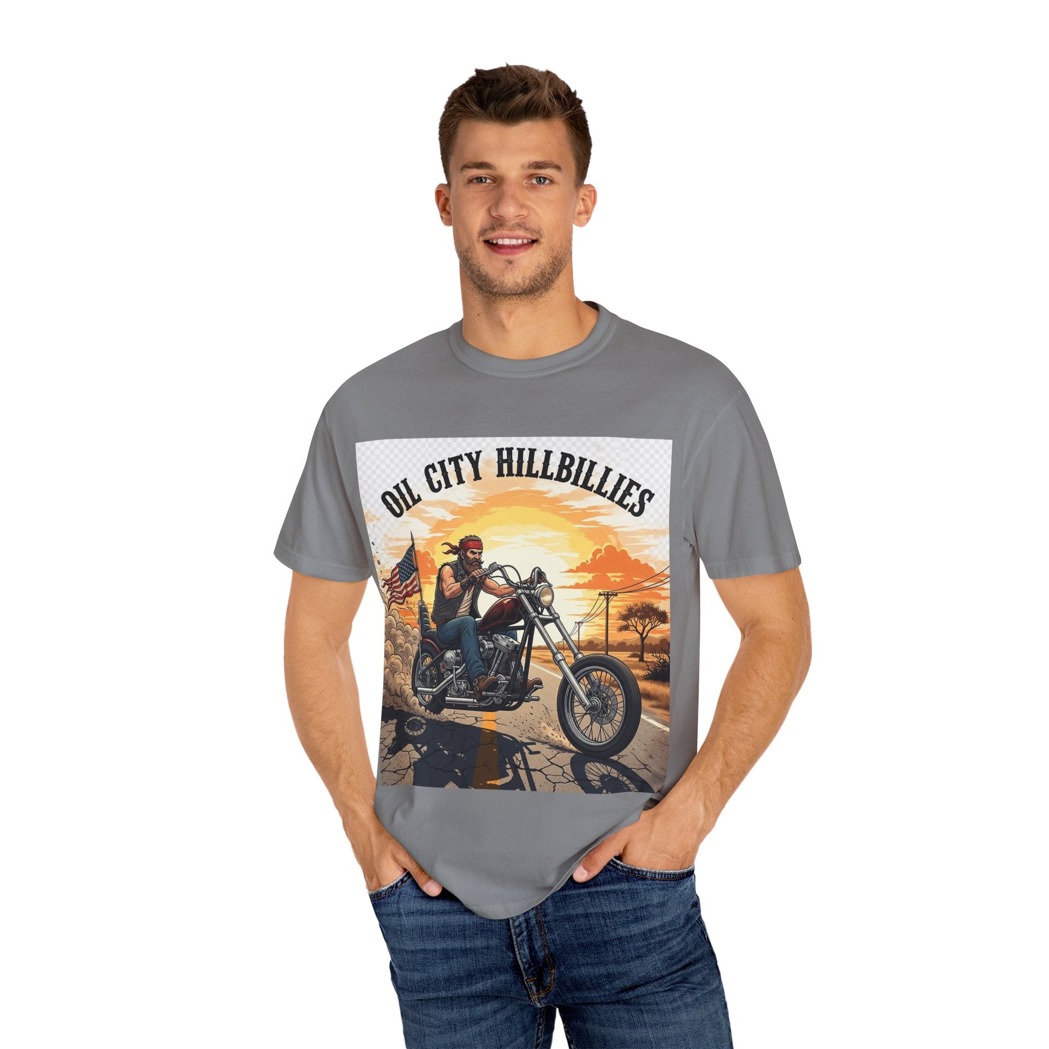 Oil City Hillbillies Motorcycle T-Shirt, Unisex Garment-Dyed Tee for Bikers, Vintage Style Gift, Casual Wear, Adventure Shirt