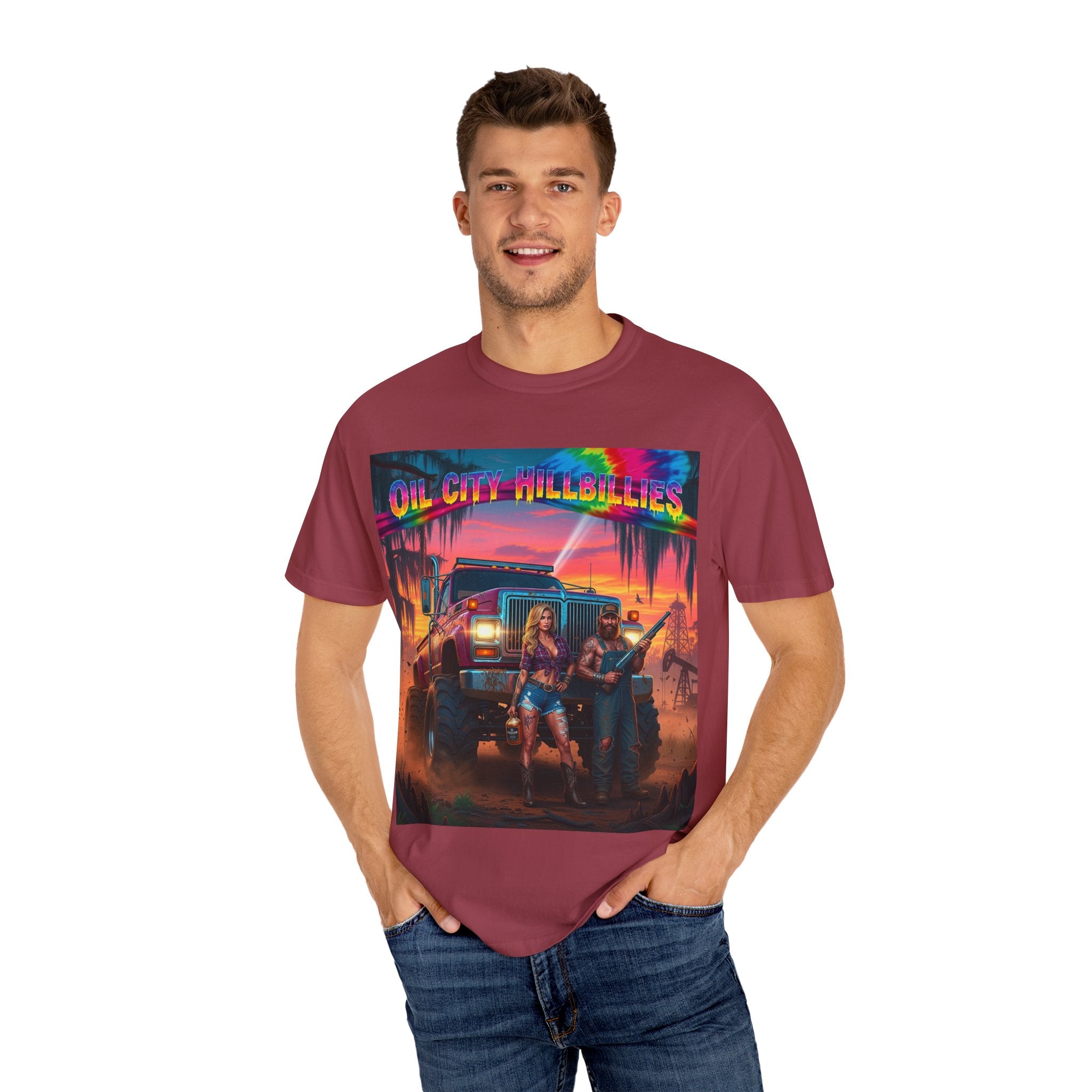 Vibrant Sunset T-Shirt for Oil City Hillbillies – Retro Graphic Tee, Summer Vibe Shirt, Unisex Casual Wear, Southern Festival Outfit
