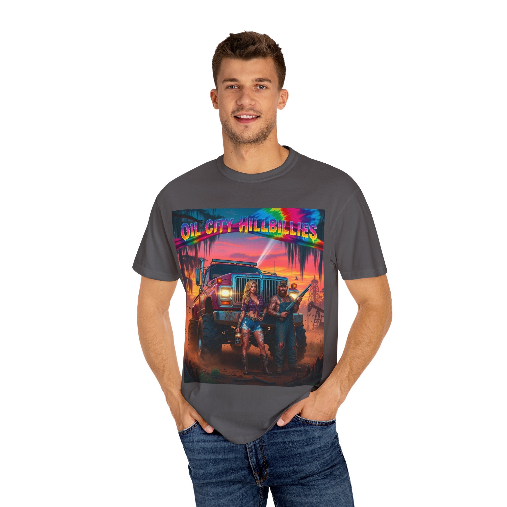 Vibrant Sunset T-Shirt for Oil City Hillbillies – Retro Graphic Tee, Summer Vibe Shirt, Unisex Casual Wear, Southern Festival Outfit