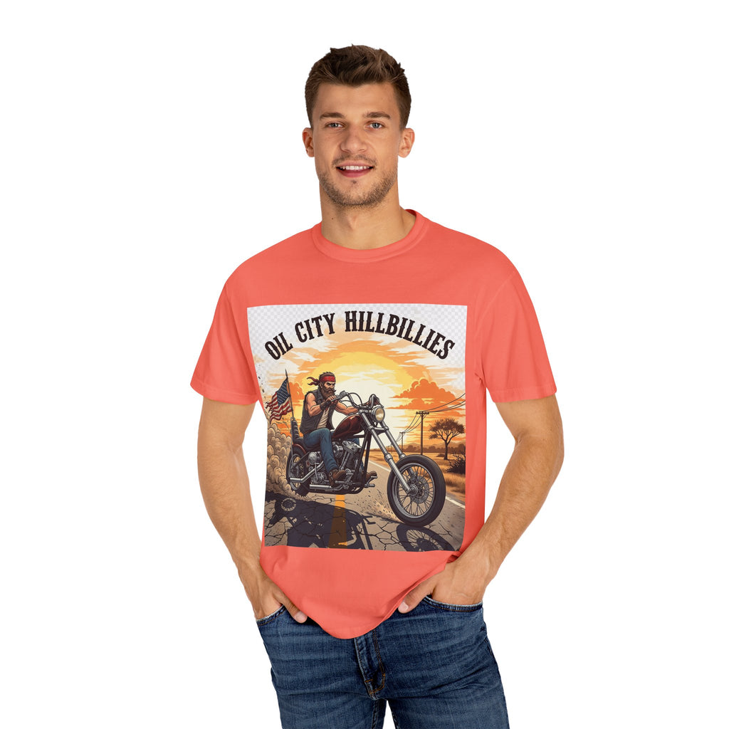 Oil City Hillbillies Motorcycle T-Shirt, Unisex Garment-Dyed Tee for Bikers, Vintage Style Gift, Casual Wear, Adventure Shirt