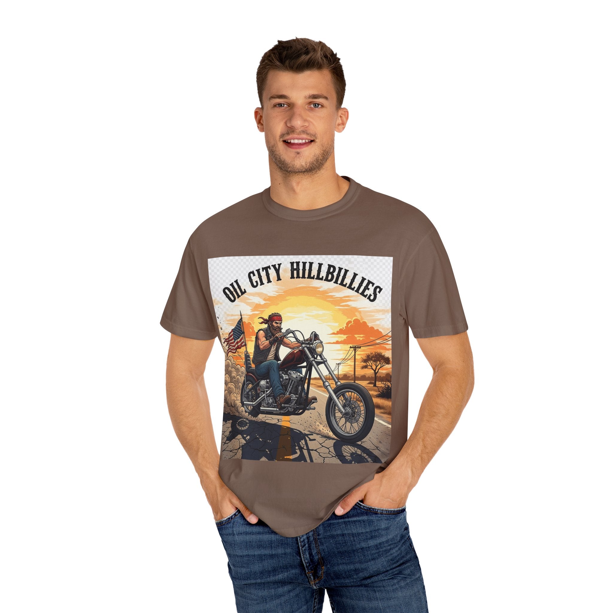 Oil City Hillbillies Motorcycle T-Shirt, Unisex Garment-Dyed Tee for Bikers, Vintage Style Gift, Casual Wear, Adventure Shirt