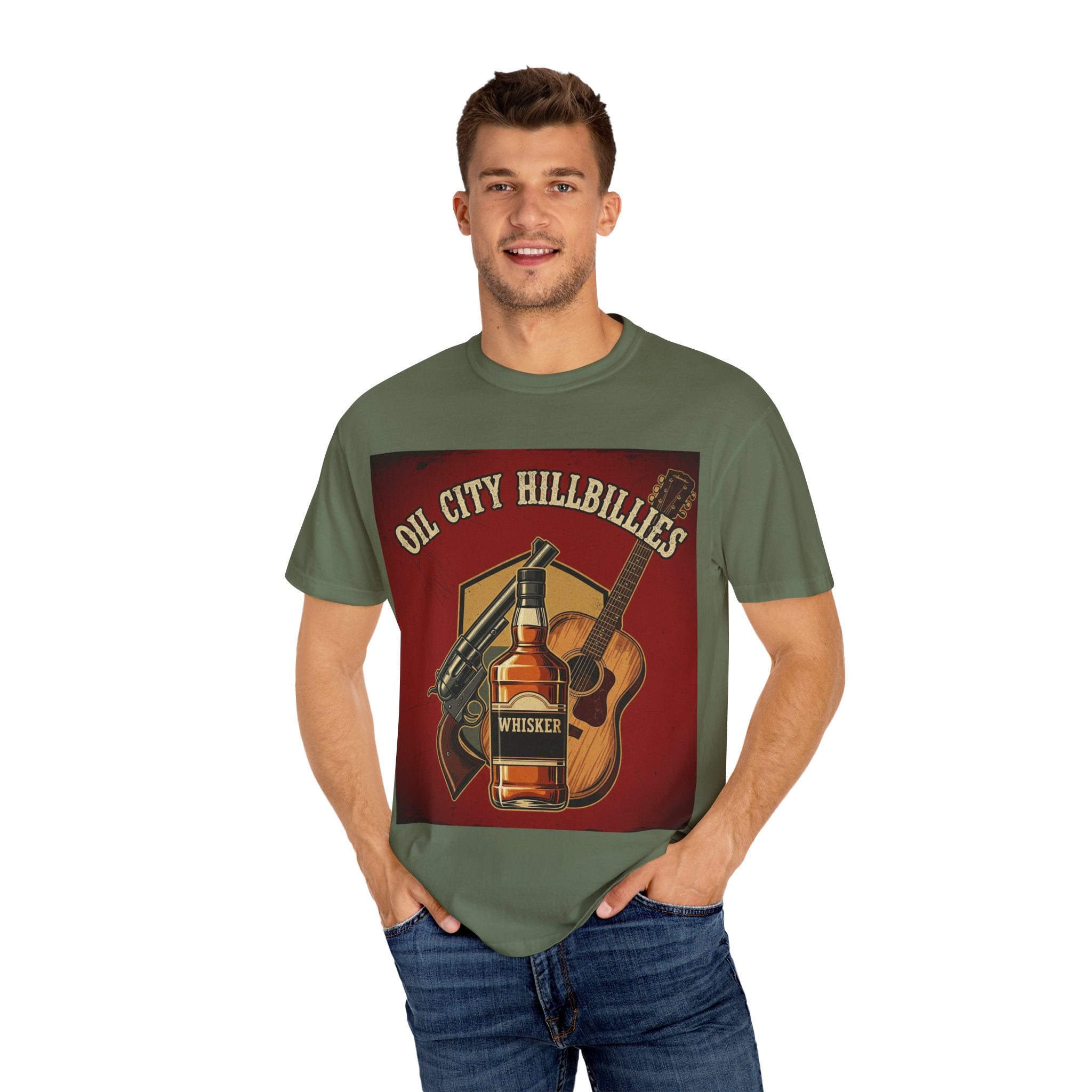 Oil City Hillbillies Whiskey-Themed T-Shirt – Rustic Style Shirt, Gift for Outlaw Country Fans, Casual Wear, Unisex Graphic Band Tee