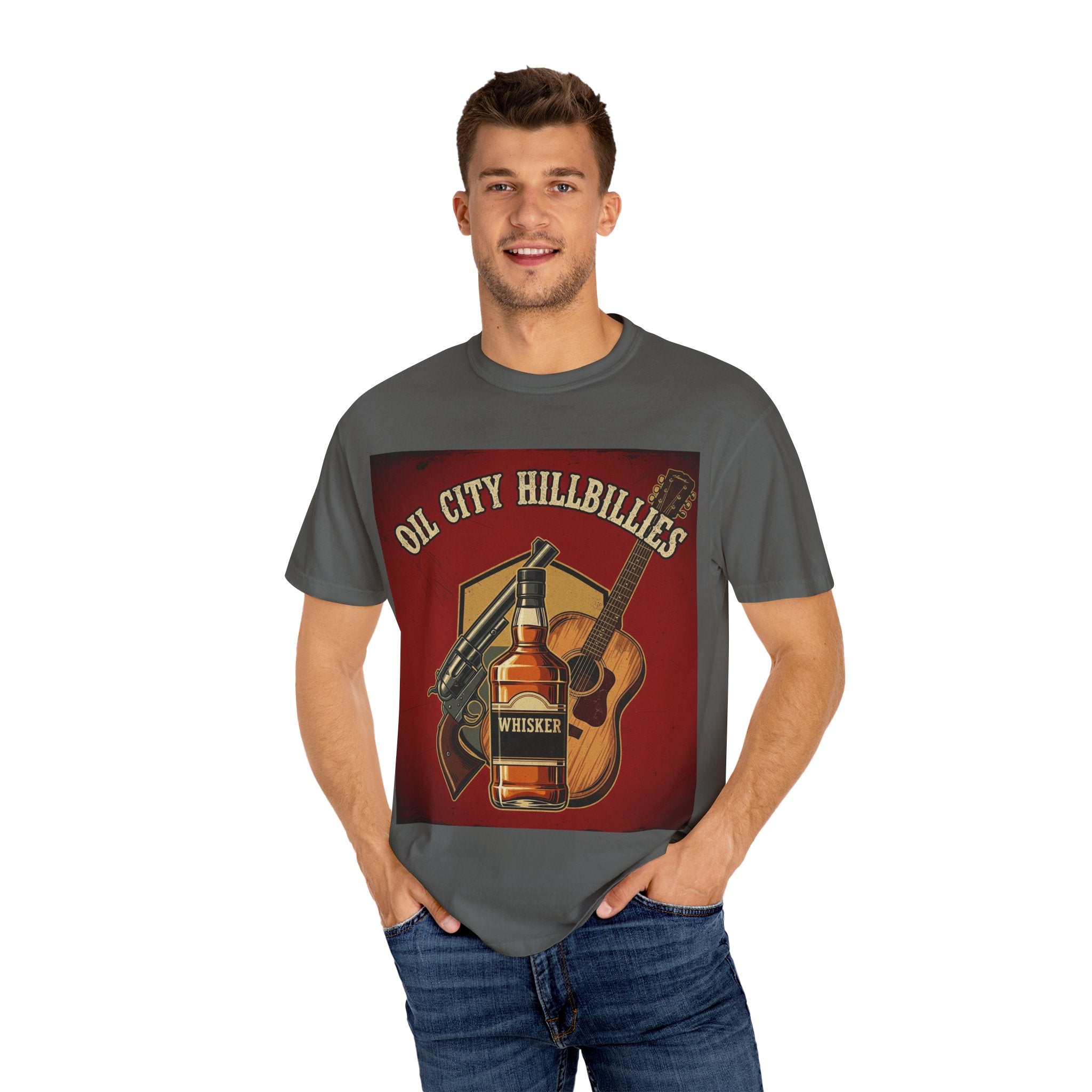 Oil City Hillbillies Whiskey-Themed T-Shirt – Rustic Style Shirt, Gift for Outlaw Country Fans, Casual Wear, Unisex Graphic Band Tee