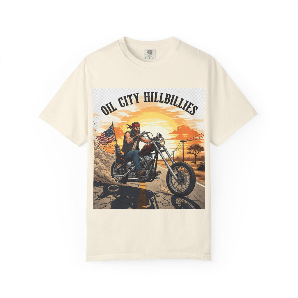 Oil City Hillbillies Motorcycle T-Shirt, Unisex Garment-Dyed Tee for Bikers, Vintage Style Gift, Casual Wear, Adventure Shirt
