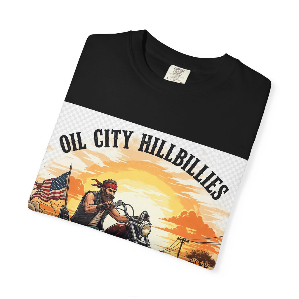 Oil City Hillbillies Motorcycle T-Shirt, Unisex Garment-Dyed Tee for Bikers, Vintage Style Gift, Casual Wear, Adventure Shirt