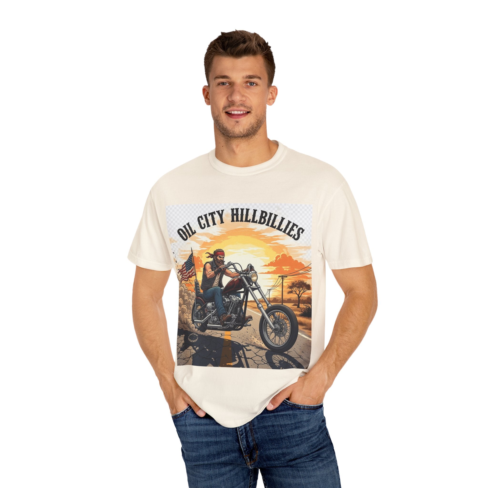 Oil City Hillbillies Motorcycle T-Shirt, Unisex Garment-Dyed Tee for Bikers, Vintage Style Gift, Casual Wear, Adventure Shirt