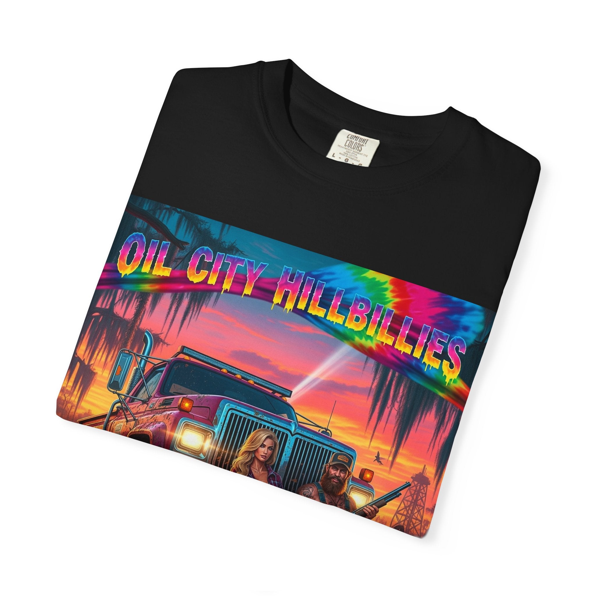 Vibrant Sunset T-Shirt for Oil City Hillbillies – Retro Graphic Tee, Summer Vibe Shirt, Unisex Casual Wear, Southern Festival Outfit