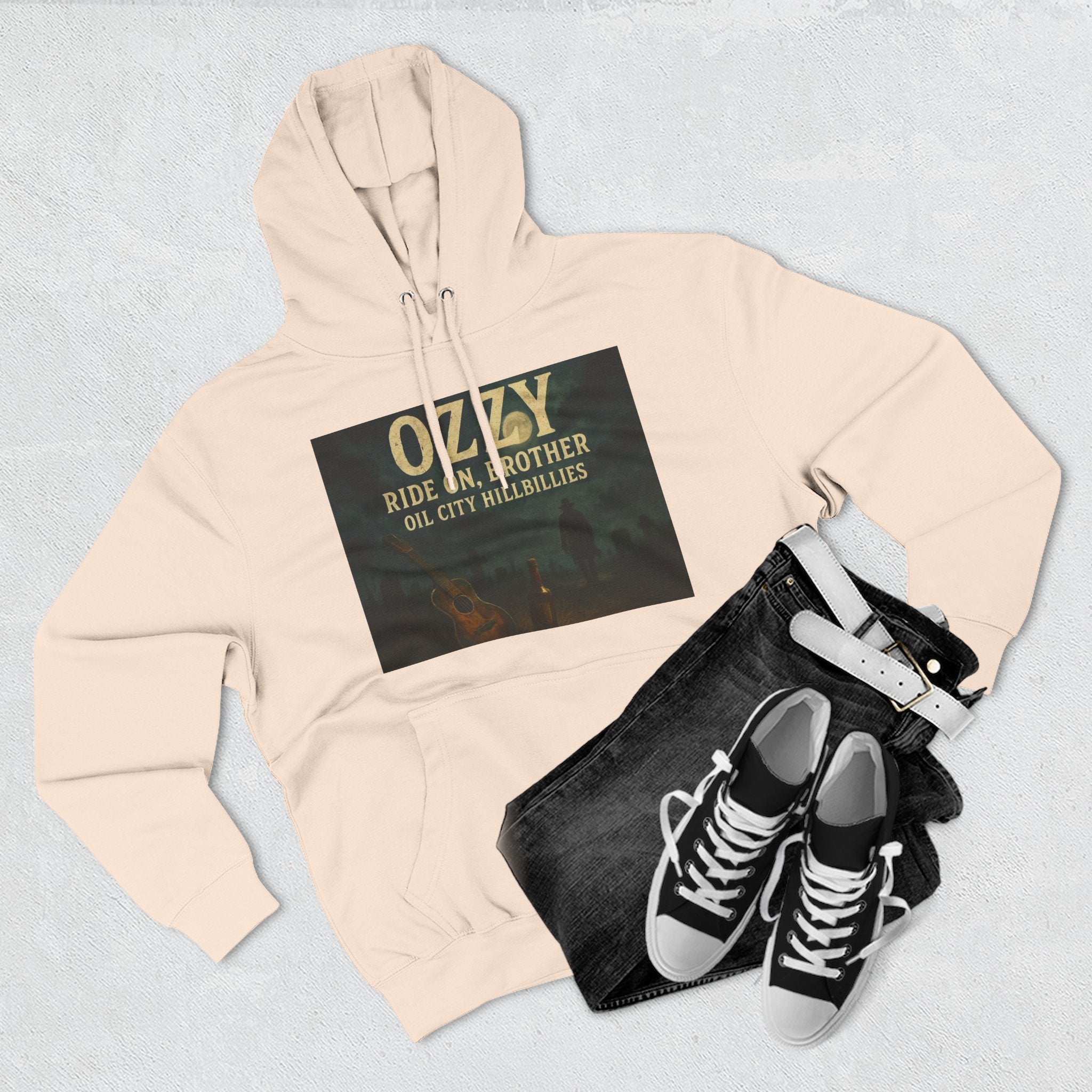 Ozzy-Inspired Oil City Hillbillies Three-Panel Fleece Hoodie, Cozy Layer for Music Lovers, Perfect Gift for Concert Goers, Ideal for Casual Outings, Great for Rock & Country Fans