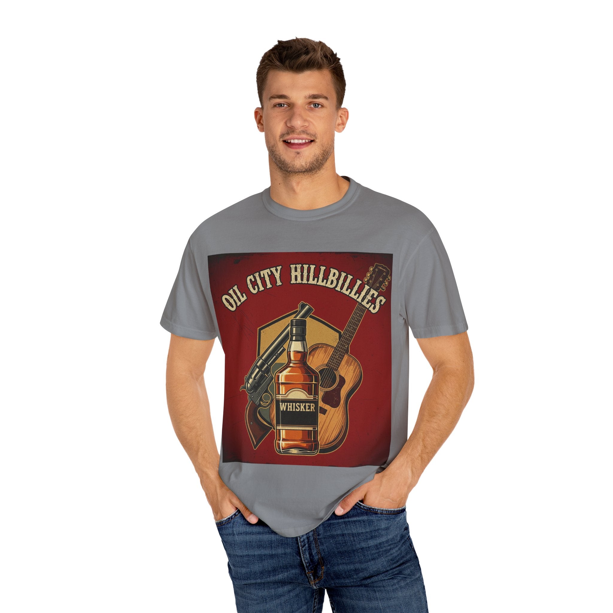 Oil City Hillbillies Whiskey-Themed T-Shirt – Rustic Style Shirt, Gift for Outlaw Country Fans, Casual Wear, Unisex Graphic Band Tee