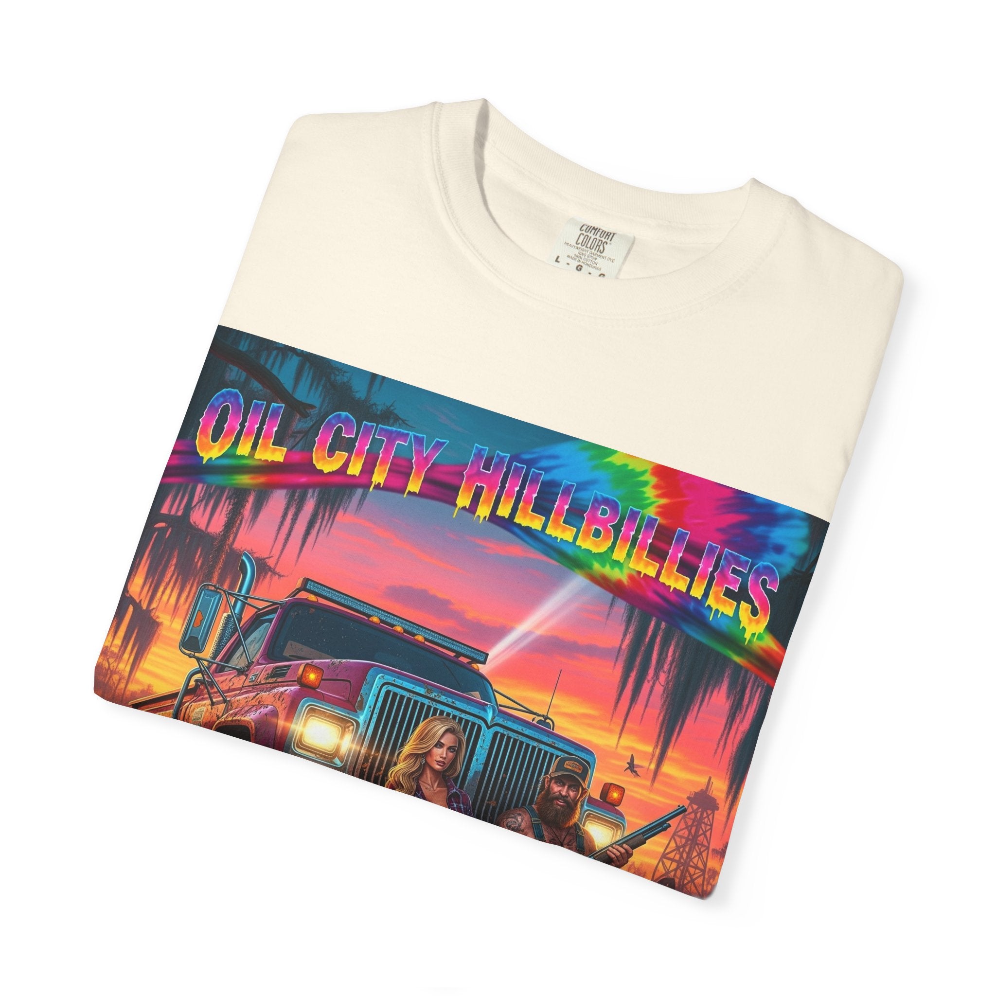 Vibrant Sunset T-Shirt for Oil City Hillbillies – Retro Graphic Tee, Summer Vibe Shirt, Unisex Casual Wear, Southern Festival Outfit