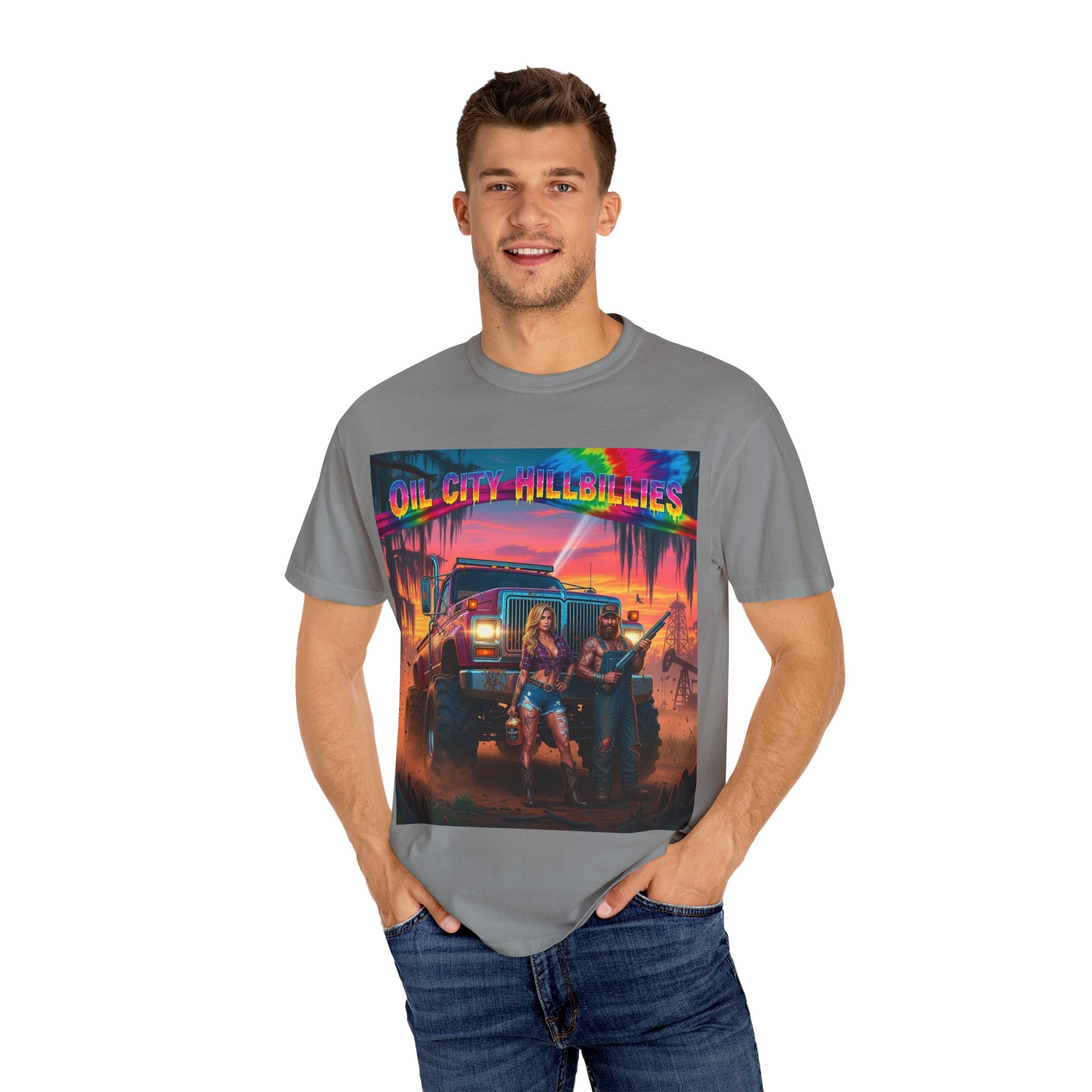 Vibrant Sunset T-Shirt for Oil City Hillbillies – Retro Graphic Tee, Summer Vibe Shirt, Unisex Casual Wear, Southern Festival Outfit