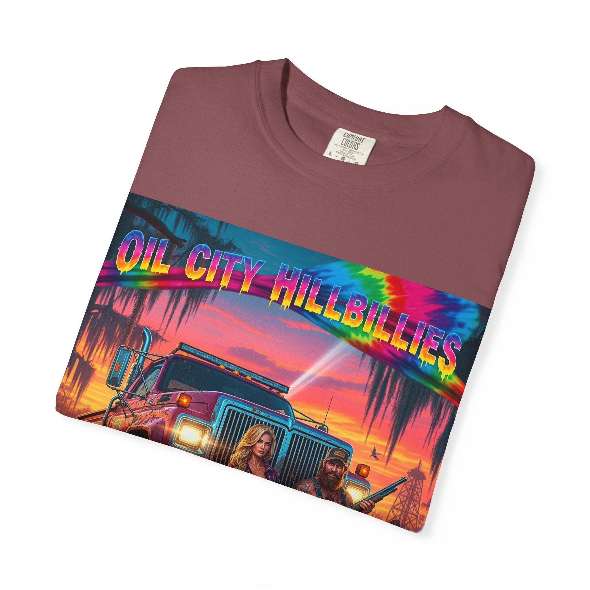 Vibrant Sunset T-Shirt for Oil City Hillbillies – Retro Graphic Tee, Summer Vibe Shirt, Unisex Casual Wear, Southern Festival Outfit