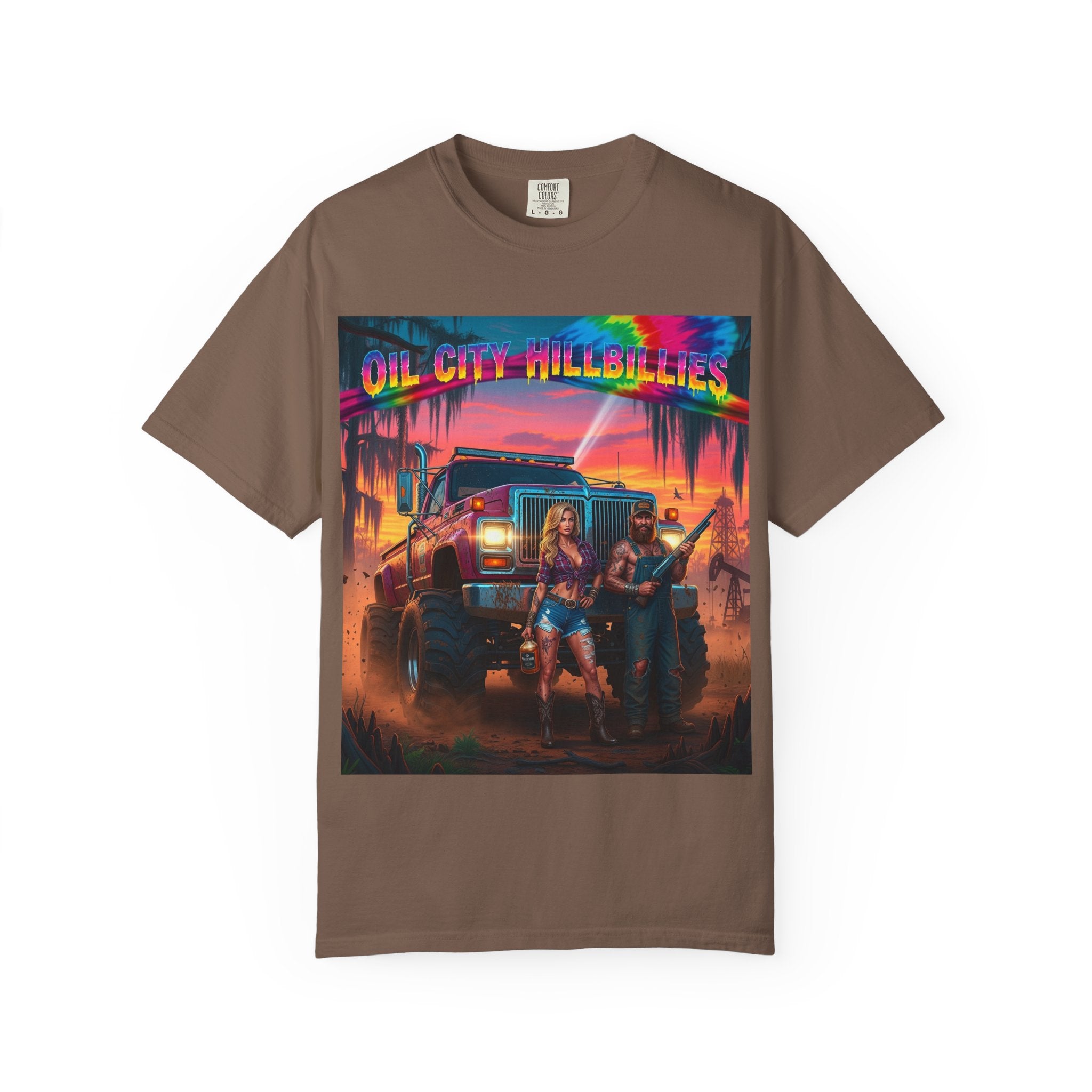 Vibrant Sunset T-Shirt for Oil City Hillbillies – Retro Graphic Tee, Summer Vibe Shirt, Unisex Casual Wear, Southern Festival Outfit