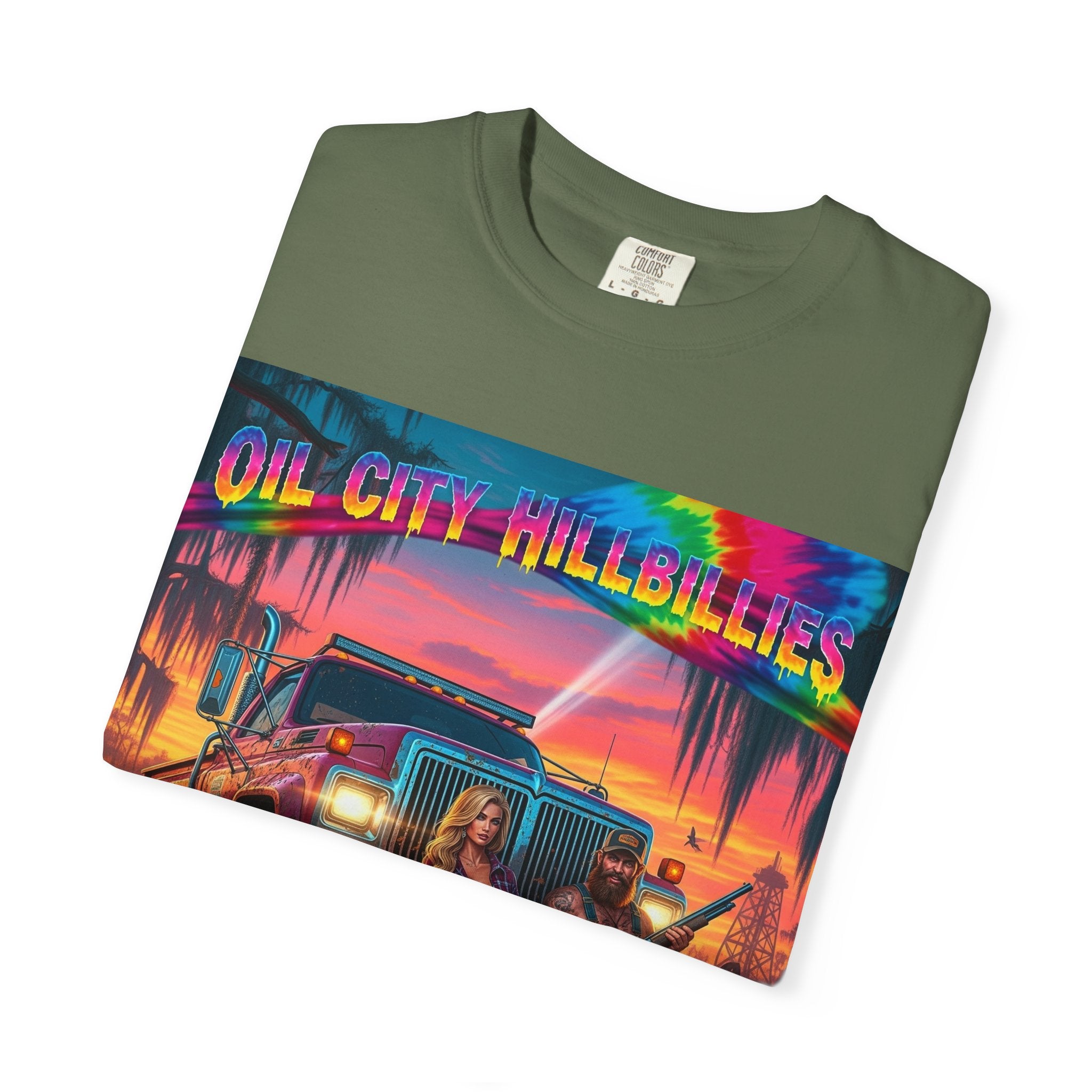 Vibrant Sunset T-Shirt for Oil City Hillbillies – Retro Graphic Tee, Summer Vibe Shirt, Unisex Casual Wear, Southern Festival Outfit