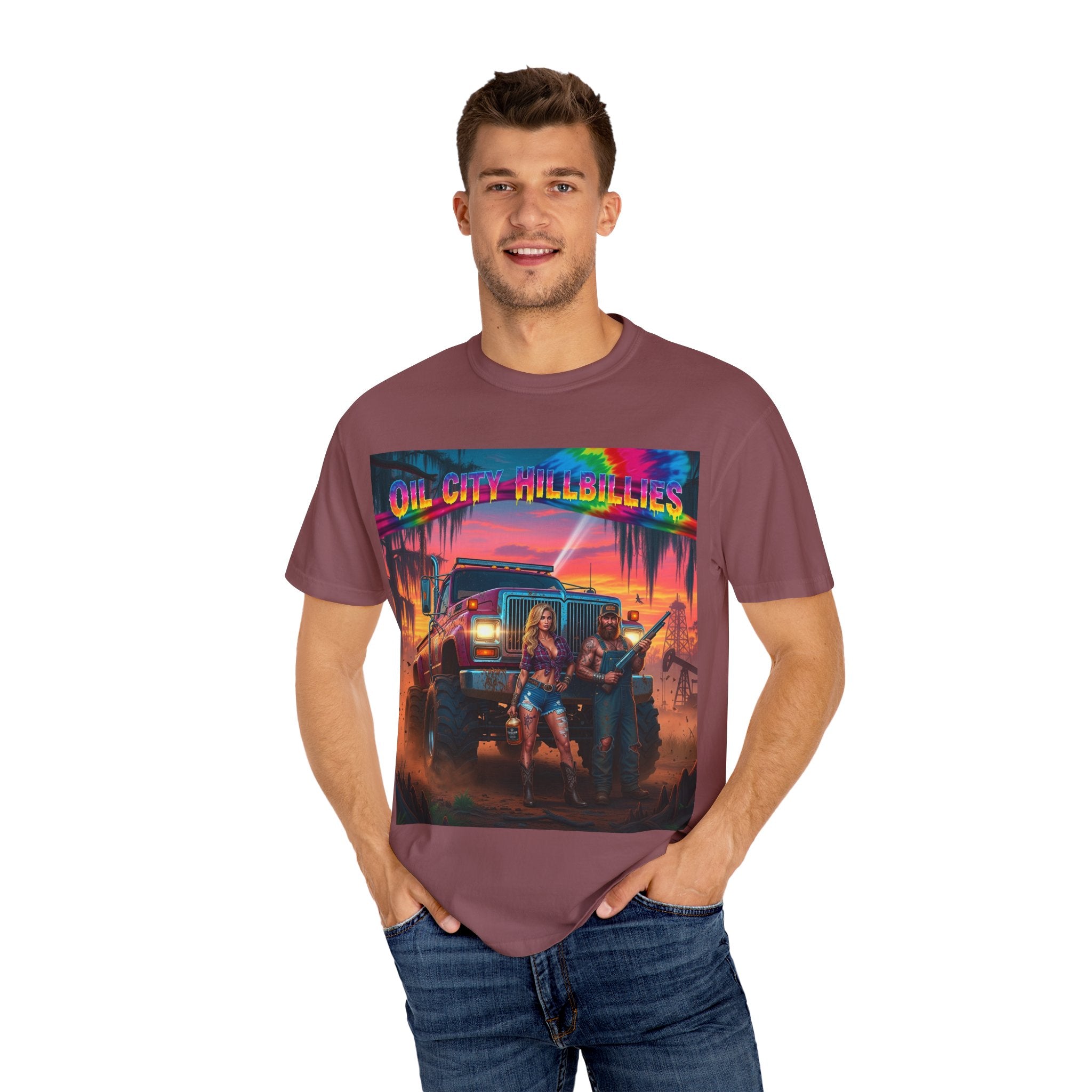Vibrant Sunset T-Shirt for Oil City Hillbillies – Retro Graphic Tee, Summer Vibe Shirt, Unisex Casual Wear, Southern Festival Outfit