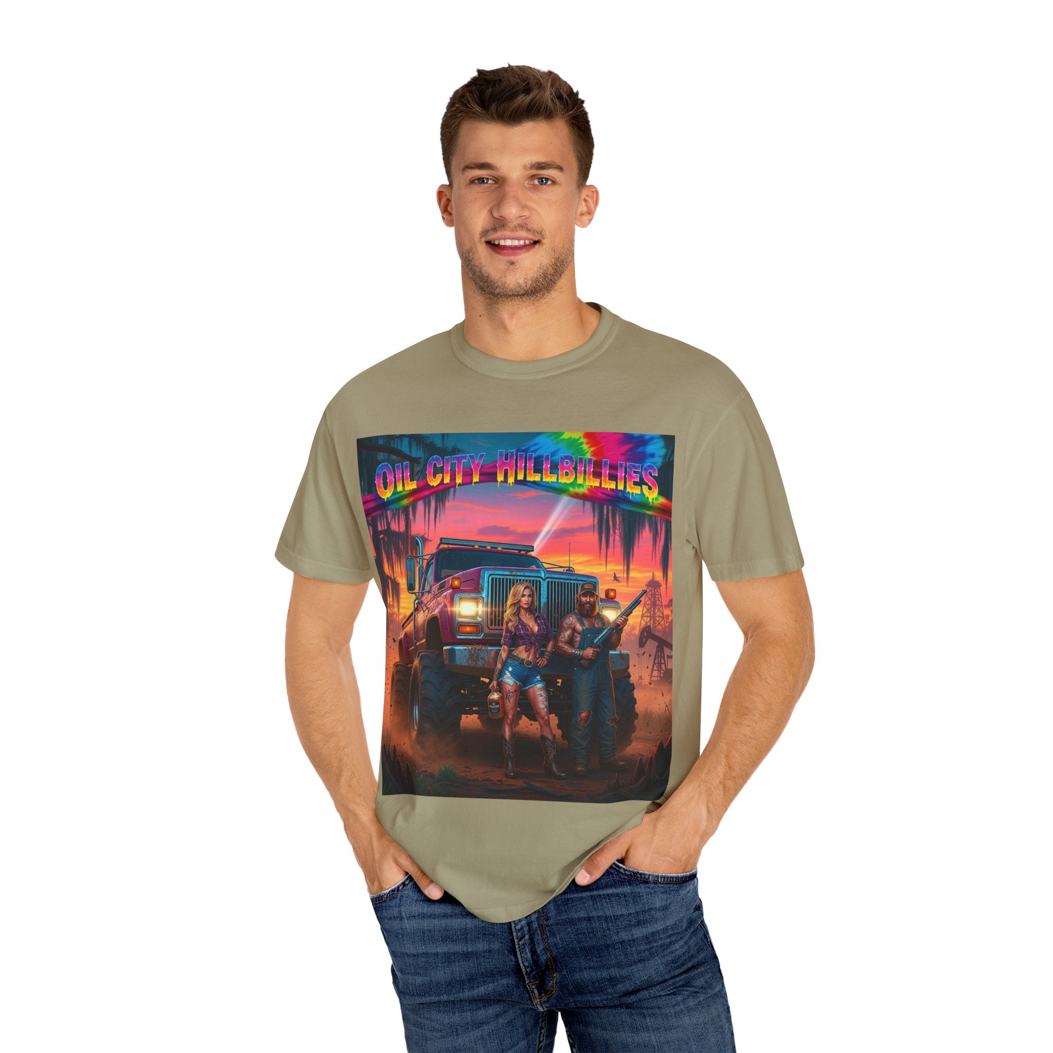 Vibrant Sunset T-Shirt for Oil City Hillbillies – Retro Graphic Tee, Summer Vibe Shirt, Unisex Casual Wear, Southern Festival Outfit