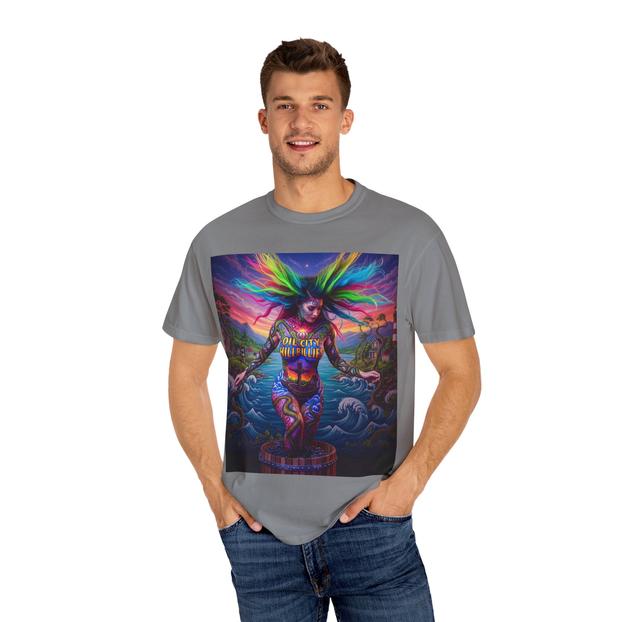 Vibrant Art T-Shirt, Oil City Hillbillies Colorful Graphic Tee, Unisex Gift, Casual Wear, Festival Shirt, Bohemian Style Apparel